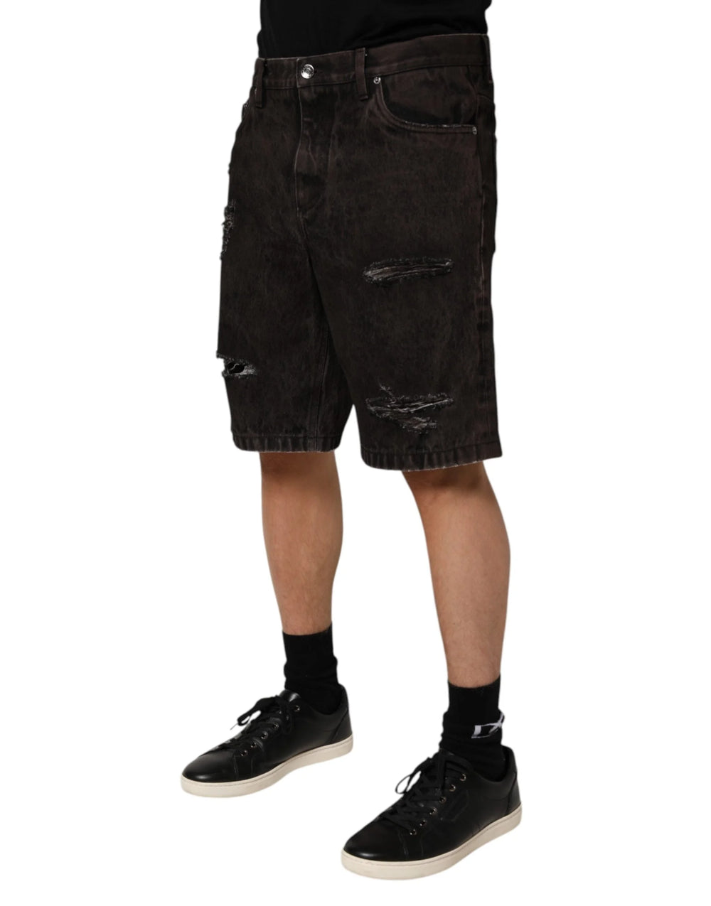 Dolce & Gabbana Black Cotton Tattered Denim Men Bermuda Short - IT48 | M - Bermudas