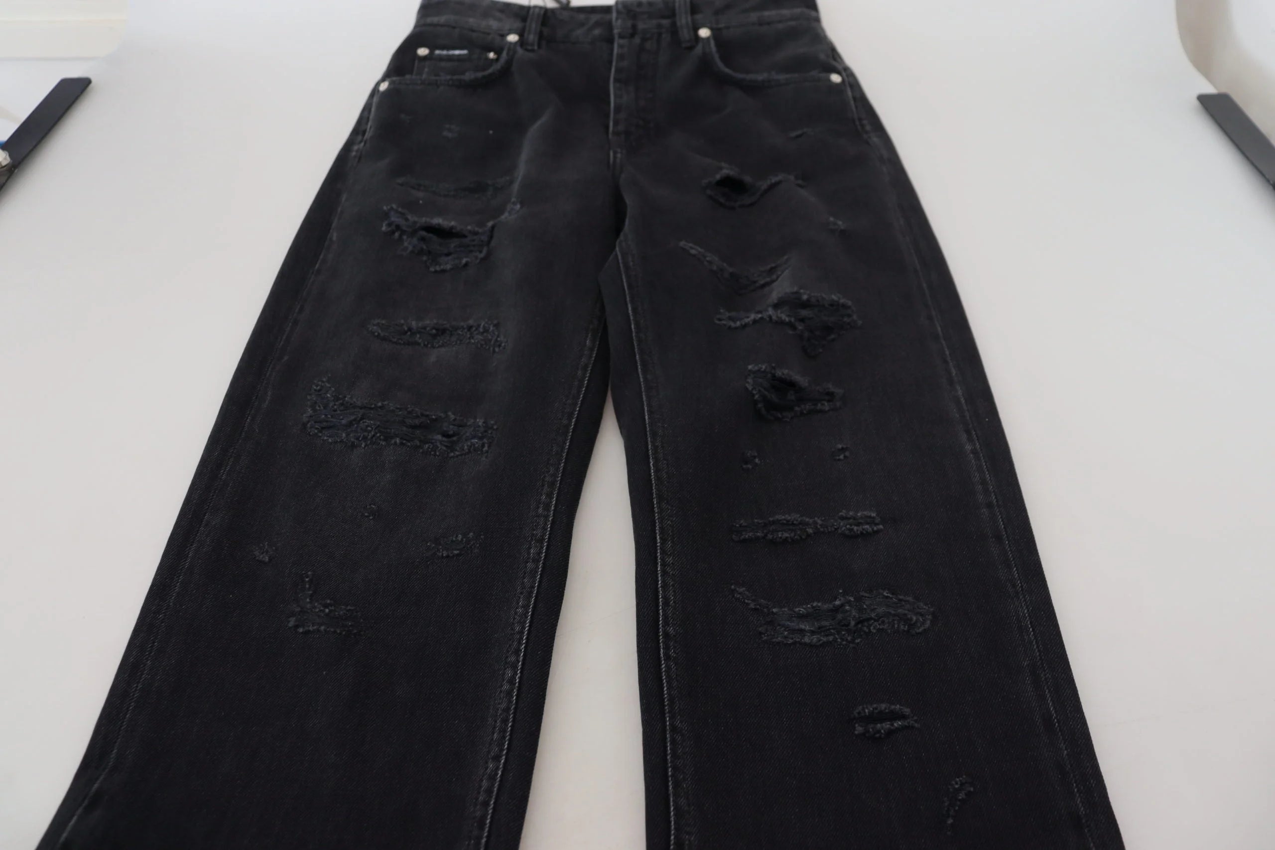 Dolce & Gabbana Black Cotton Tattered High Waist Denim Jeans - IT40|S - Jeans