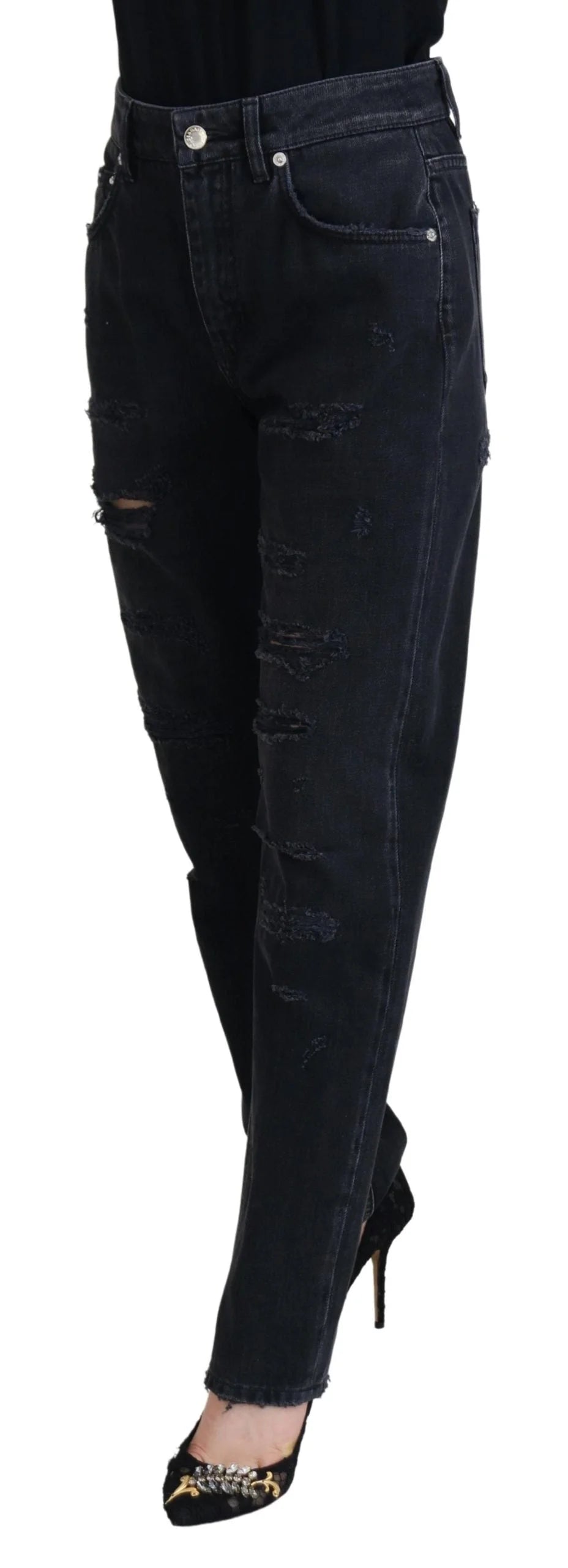 Dolce & Gabbana Black Cotton Tattered High Waist Denim Jeans - IT40|S - Jeans