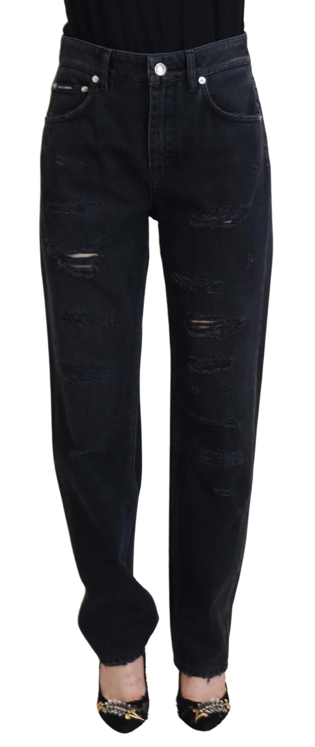 Dolce & Gabbana Black Cotton Tattered High Waist Denim Jeans - IT40|S - Jeans