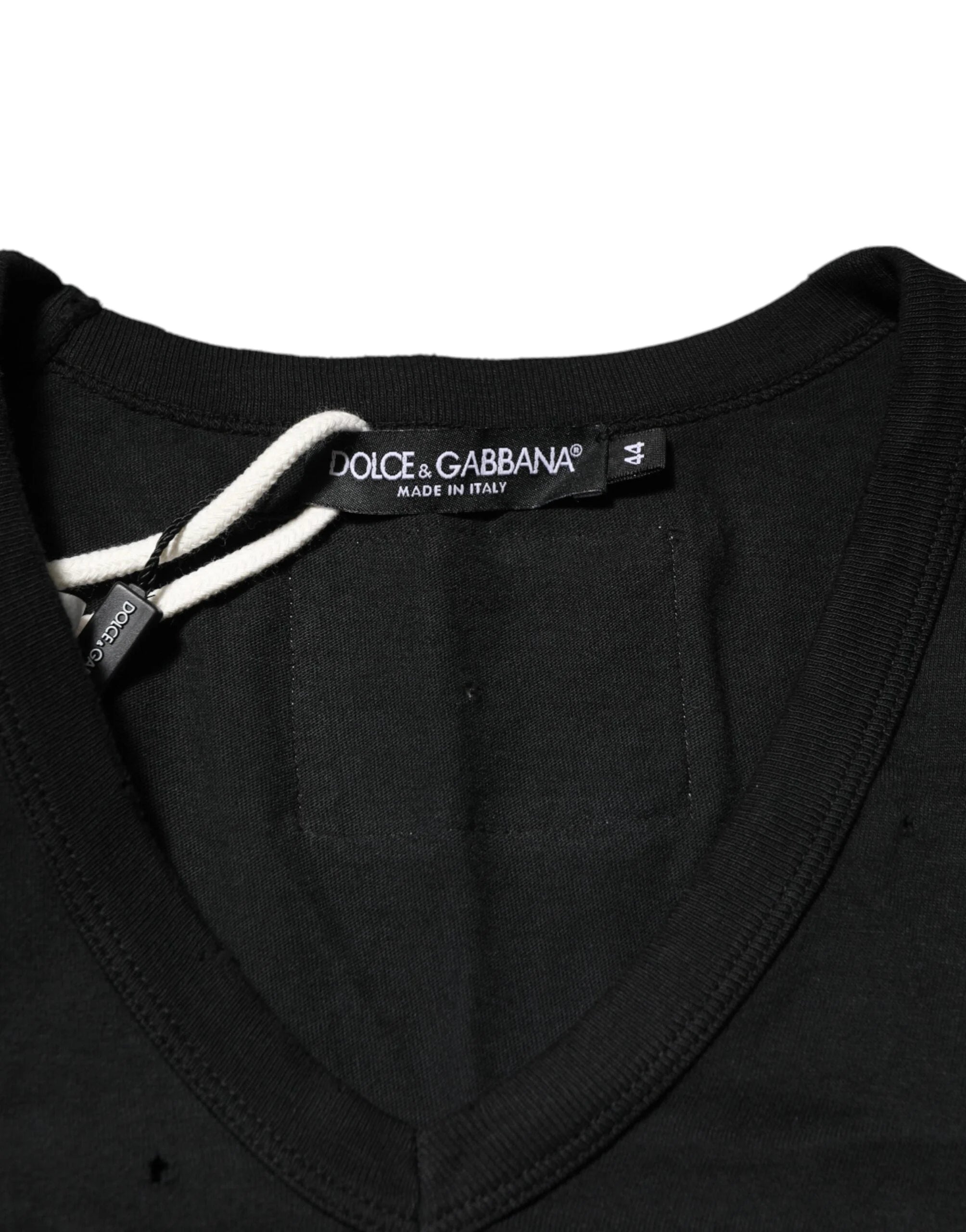 Dolce & Gabbana Black Cotton Tattered Logo V-Neck Men T-shirt - IT44 | XS