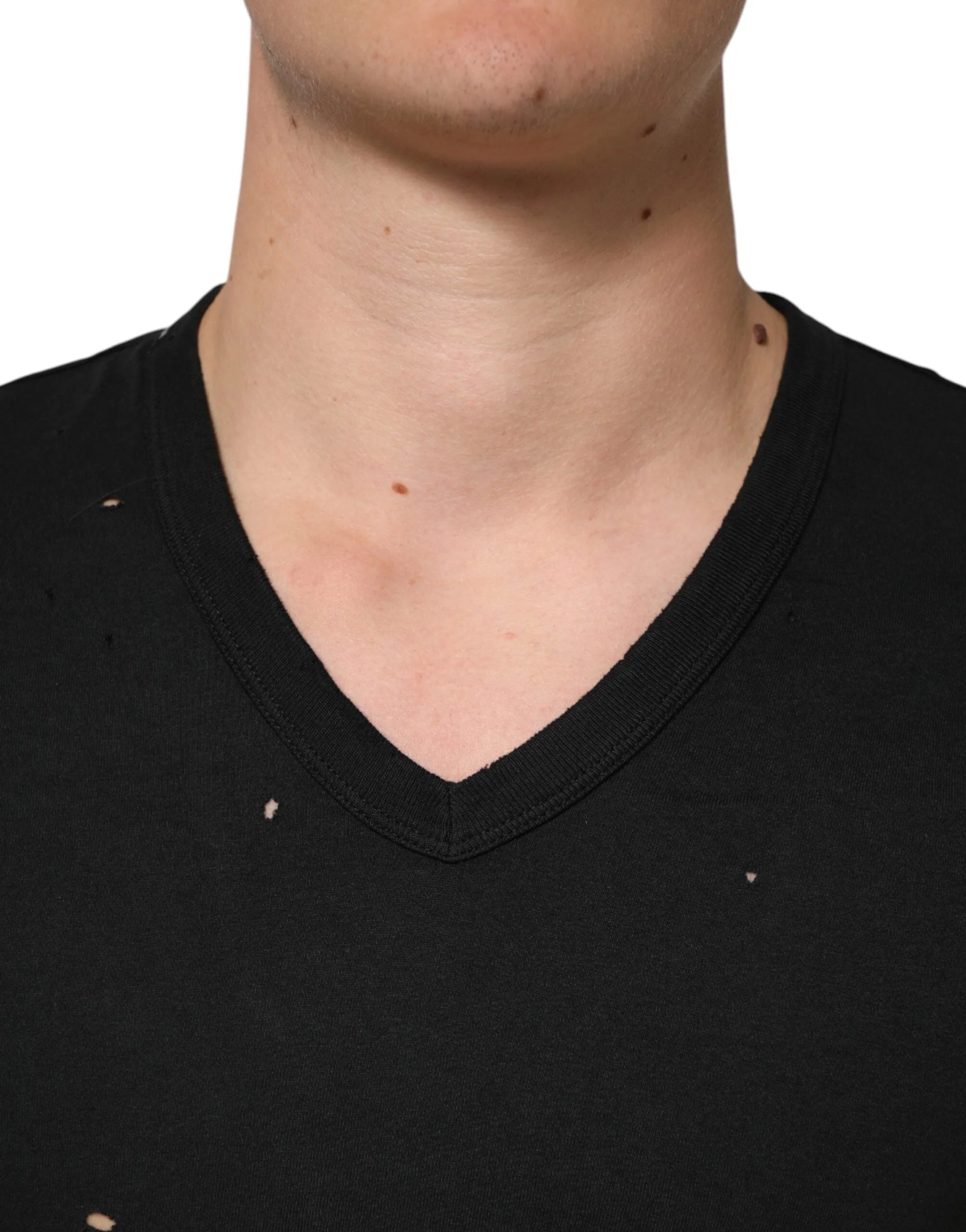 Dolce & Gabbana Black Cotton Tattered Logo V-Neck Men T-shirt - IT44 | XS