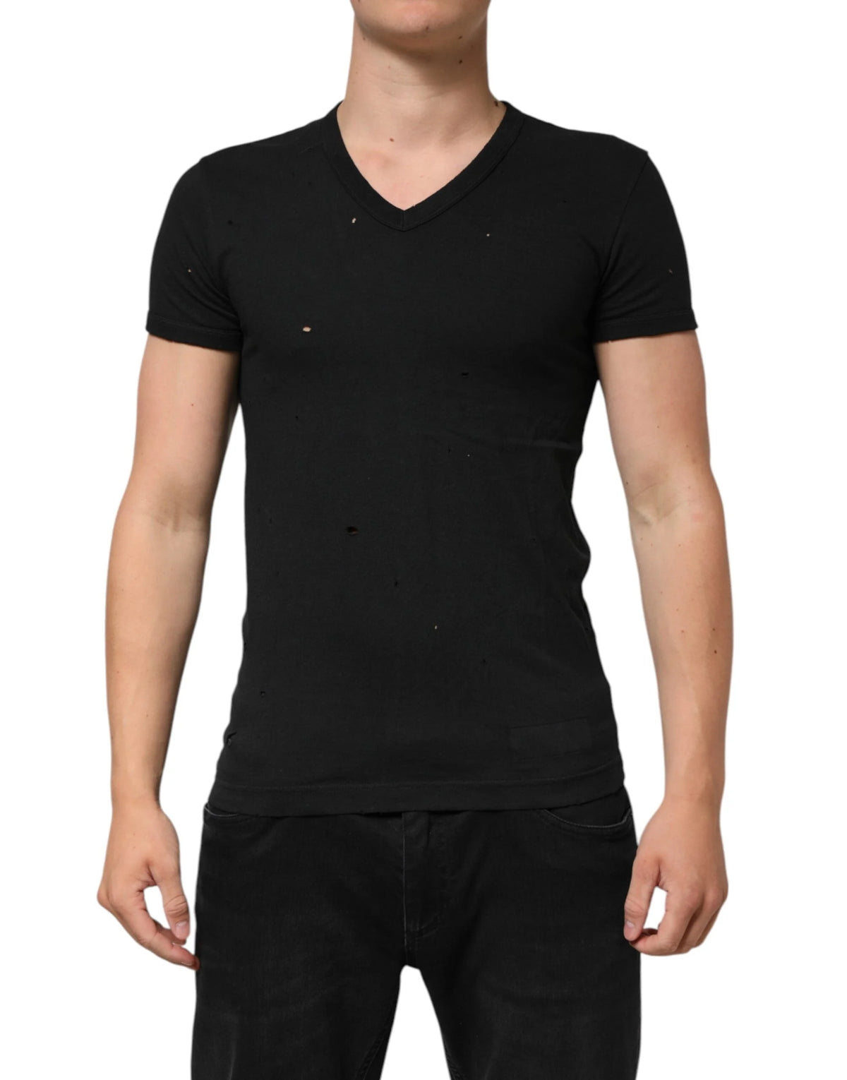 Dolce & Gabbana Black Cotton Tattered Logo V-Neck Men T-shirt - IT44 | XS