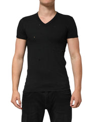 Dolce & Gabbana Black Cotton Tattered Logo V-Neck Men T-shirt - IT44 | XS - T-Shirts