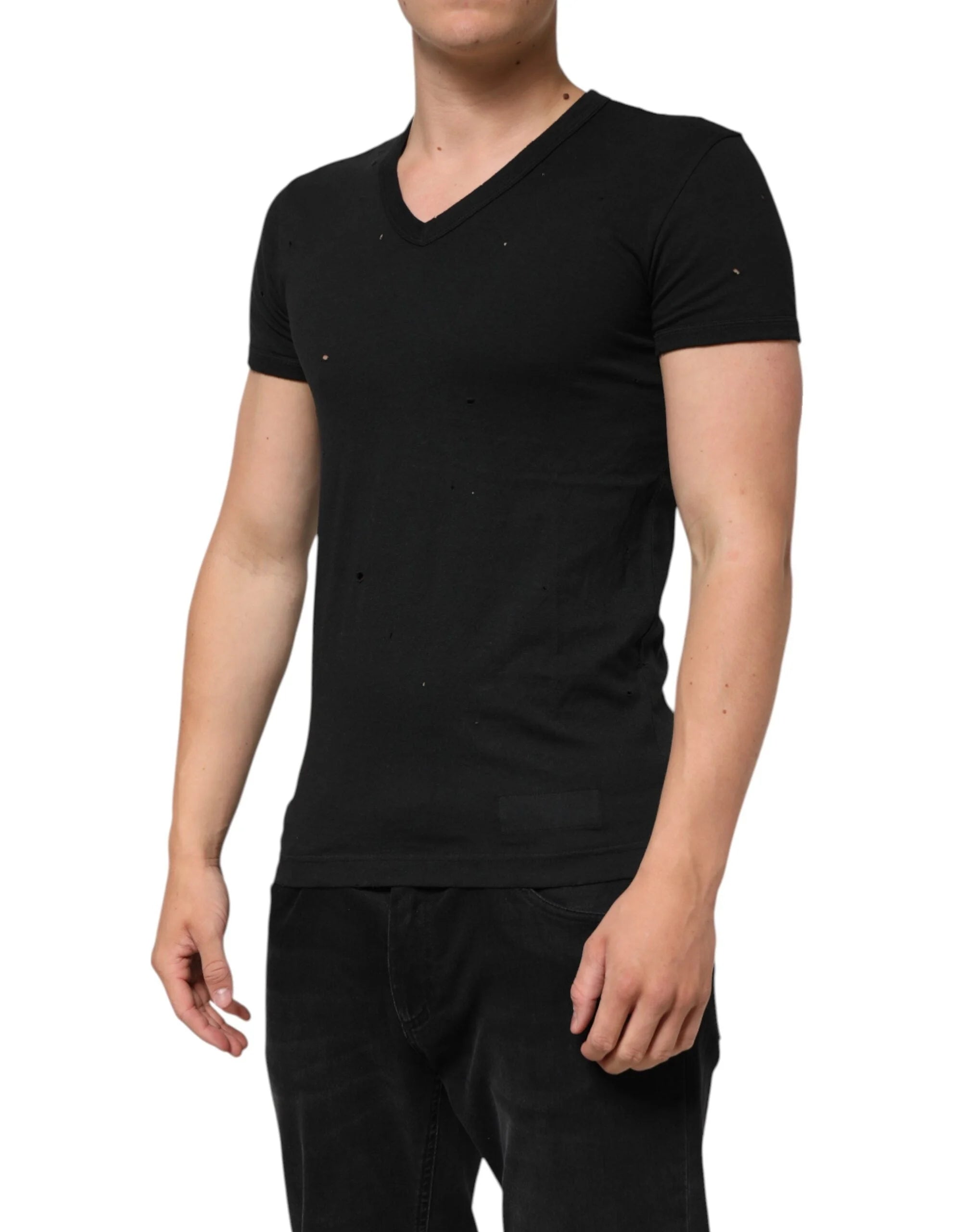 Dolce & Gabbana Black Cotton Tattered Logo V-Neck Men T-shirt - IT44 | XS - T-Shirts