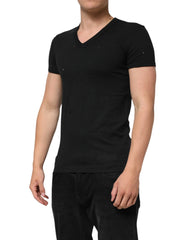 Dolce & Gabbana Black Cotton Tattered Logo V-Neck Men T-shirt - IT44 | XS - T-Shirts