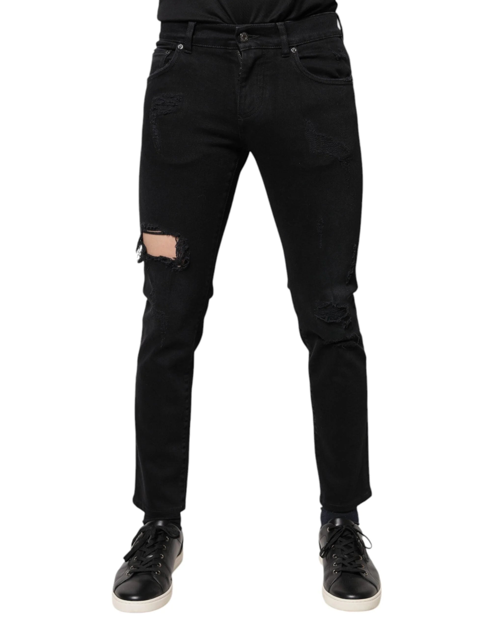 Dolce & Gabbana Black Cotton Tattered Skinny Denim Logo Jeans - IT46 | S - Jeans