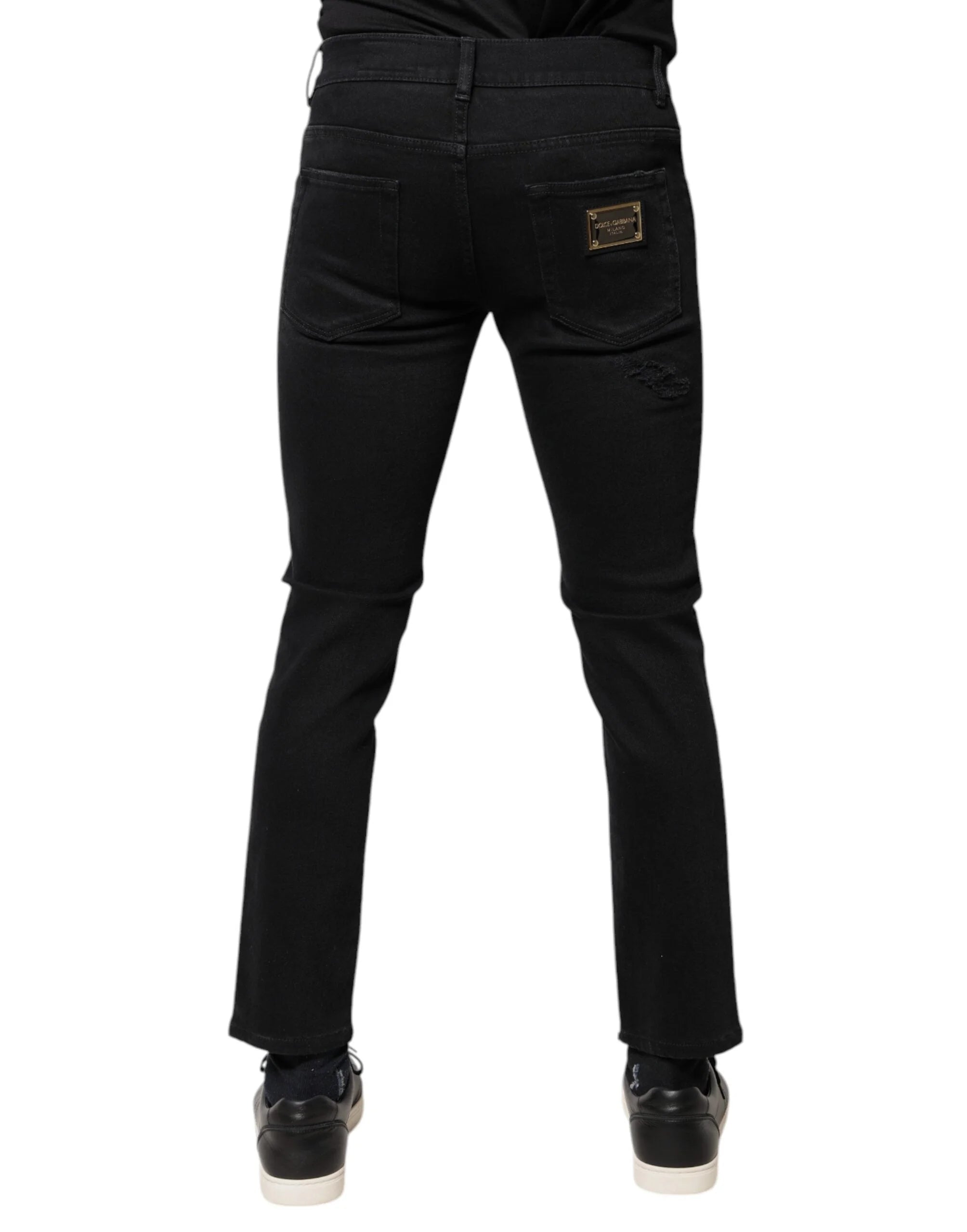 Dolce & Gabbana Black Cotton Tattered Skinny Denim Logo Jeans - IT46 | S - Jeans