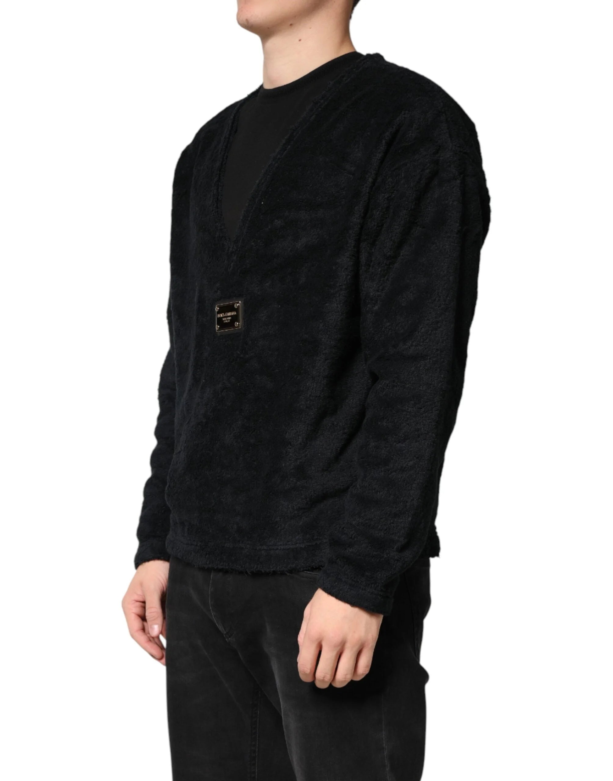 Dolce & Gabbana Black Cotton V-Neck Men Sweatshirt Sweater - IT46 | S