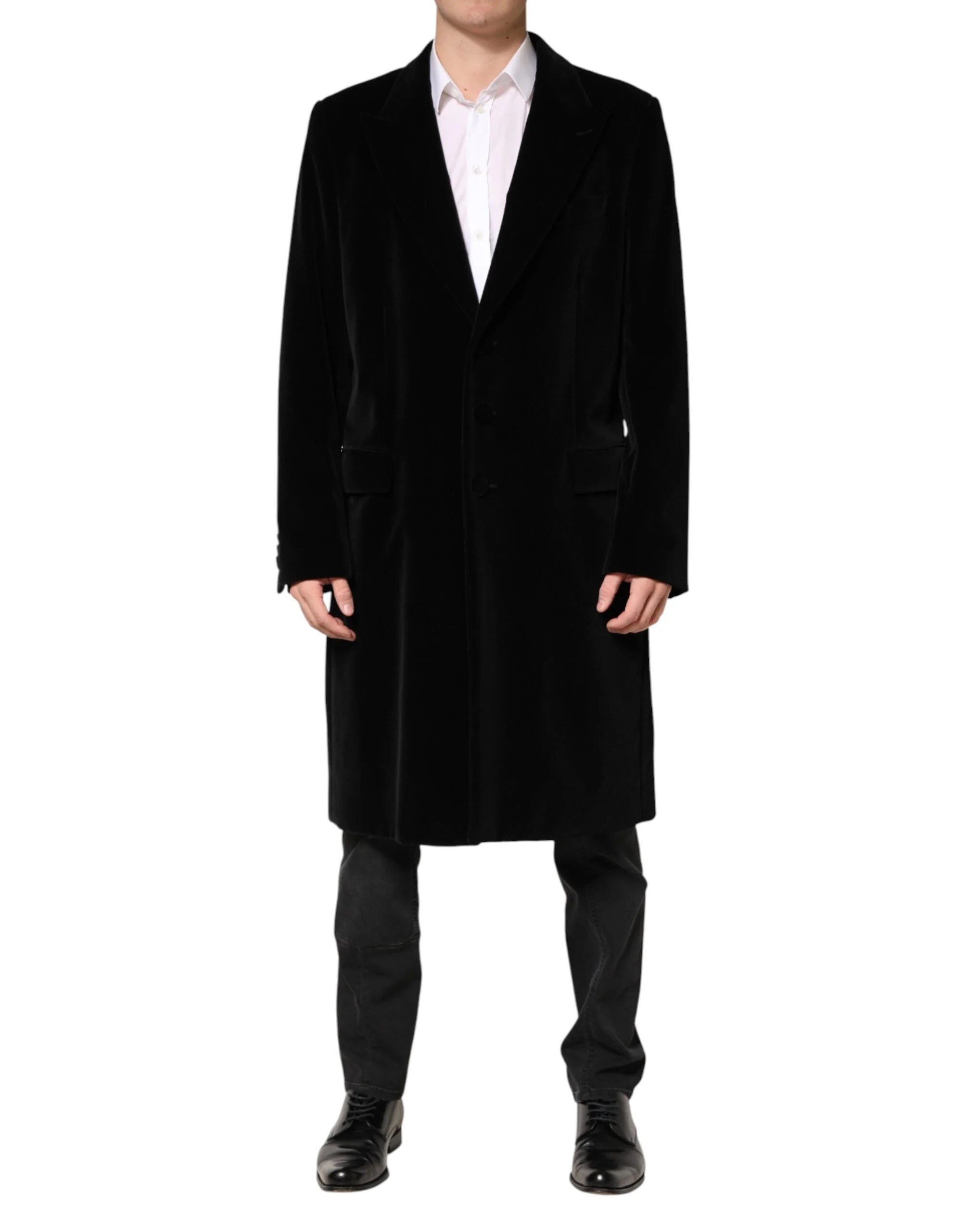 Dolce & Gabbana Black Cotton Velvet Long Trench Coat Jacket - IT52 | XL