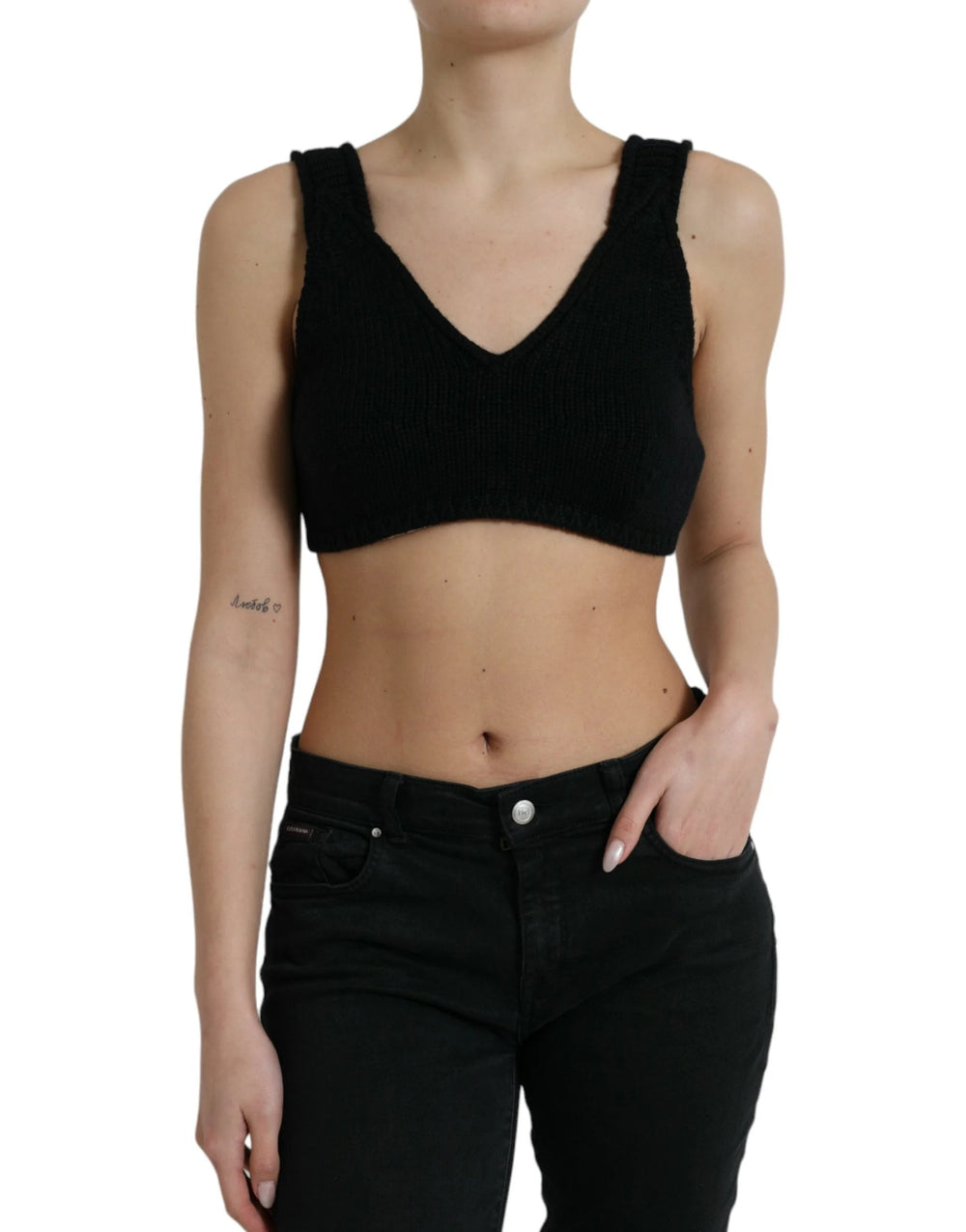 Dolce & Gabbana Black Cropped Cashmere V-neck Bustier Top - Tank Tops
