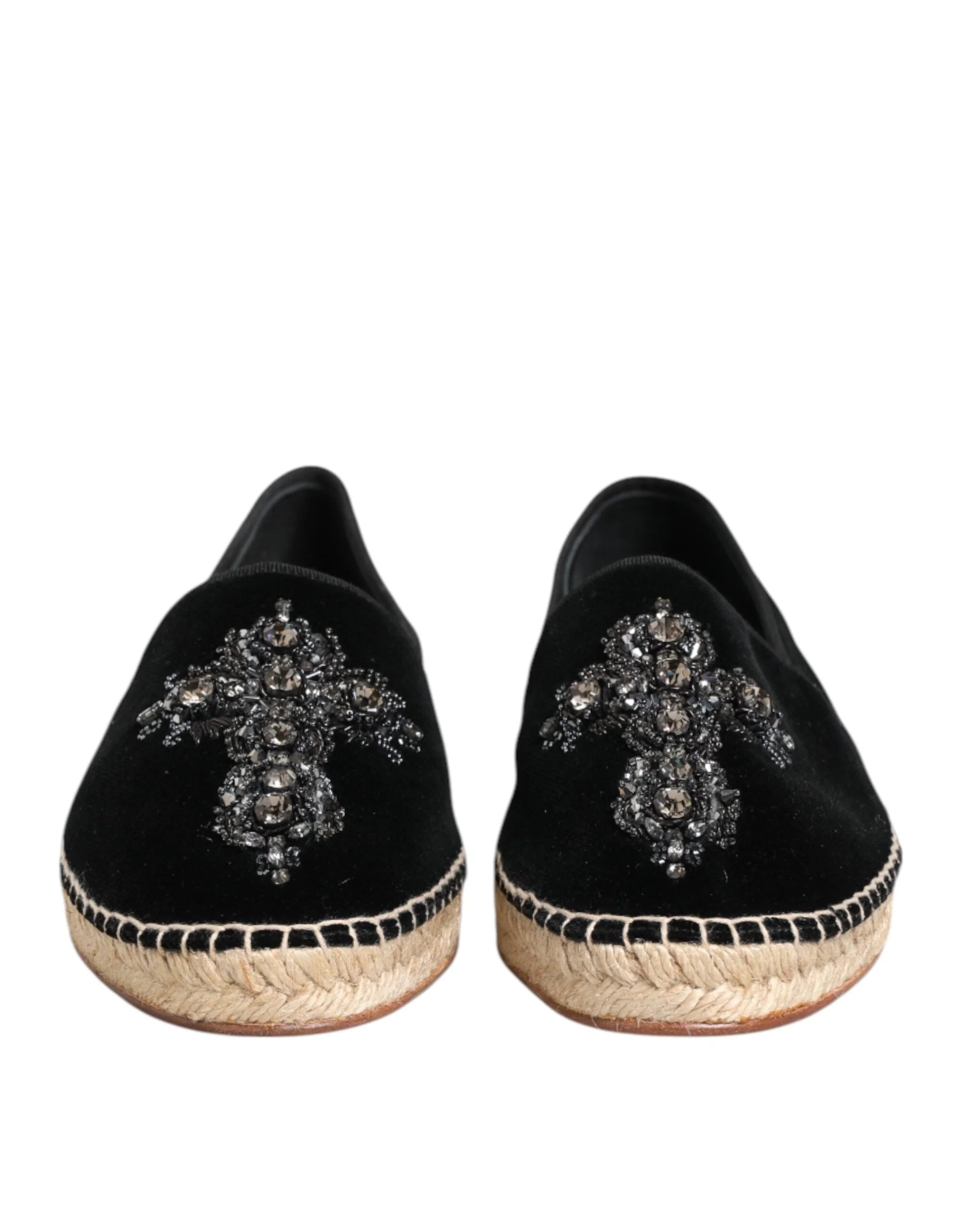 Dolce & Gabbana Black Cross Crystal Slip On Espadrille Shoes - EU39/US6 - Flats