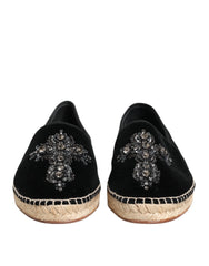 Dolce & Gabbana Black Cross Crystal Slip On Espadrille Shoes - EU39/US6 - Flats