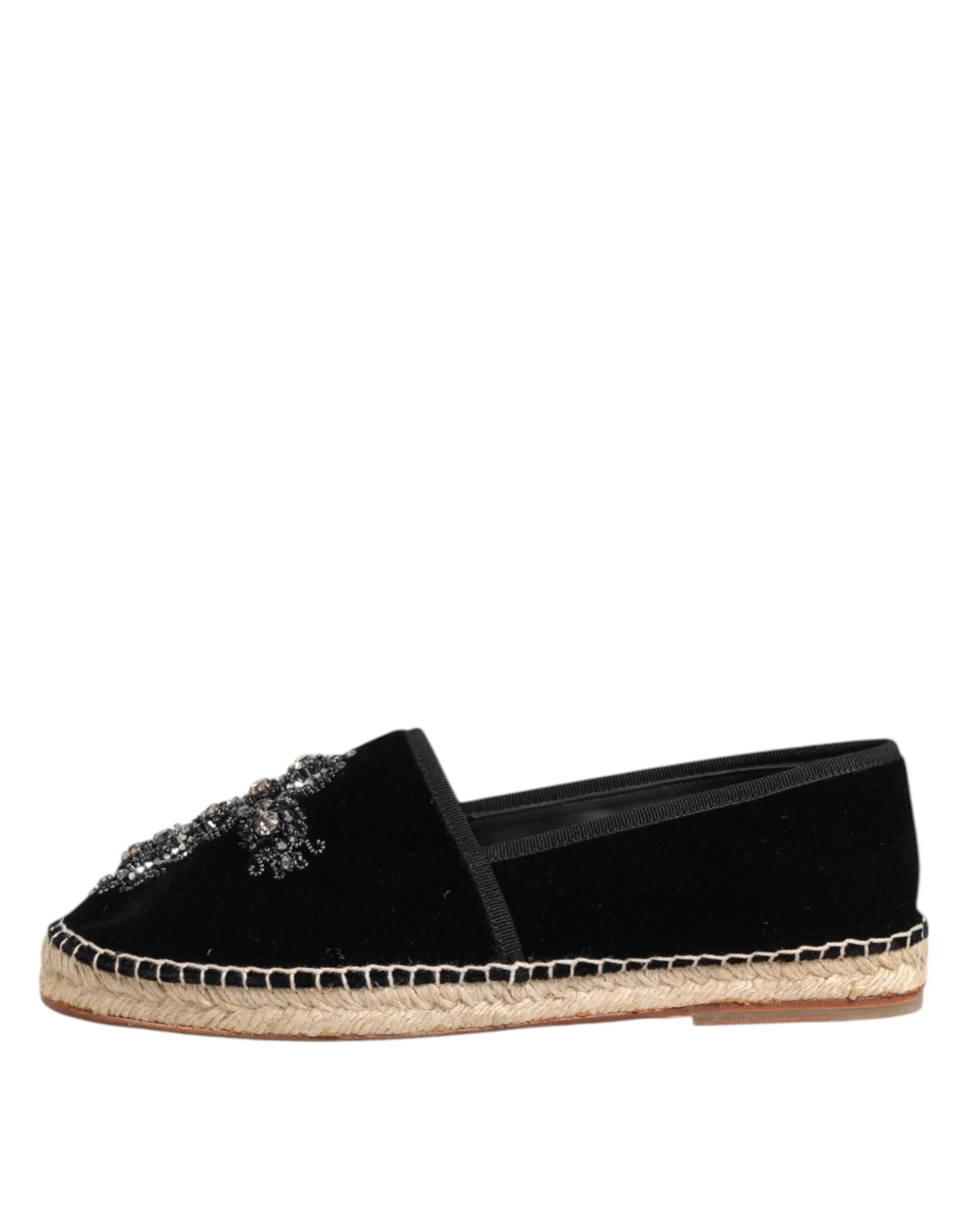 Dolce & Gabbana Black Cross Crystal Slip On Espadrille Shoes - EU39/US6 - Flats