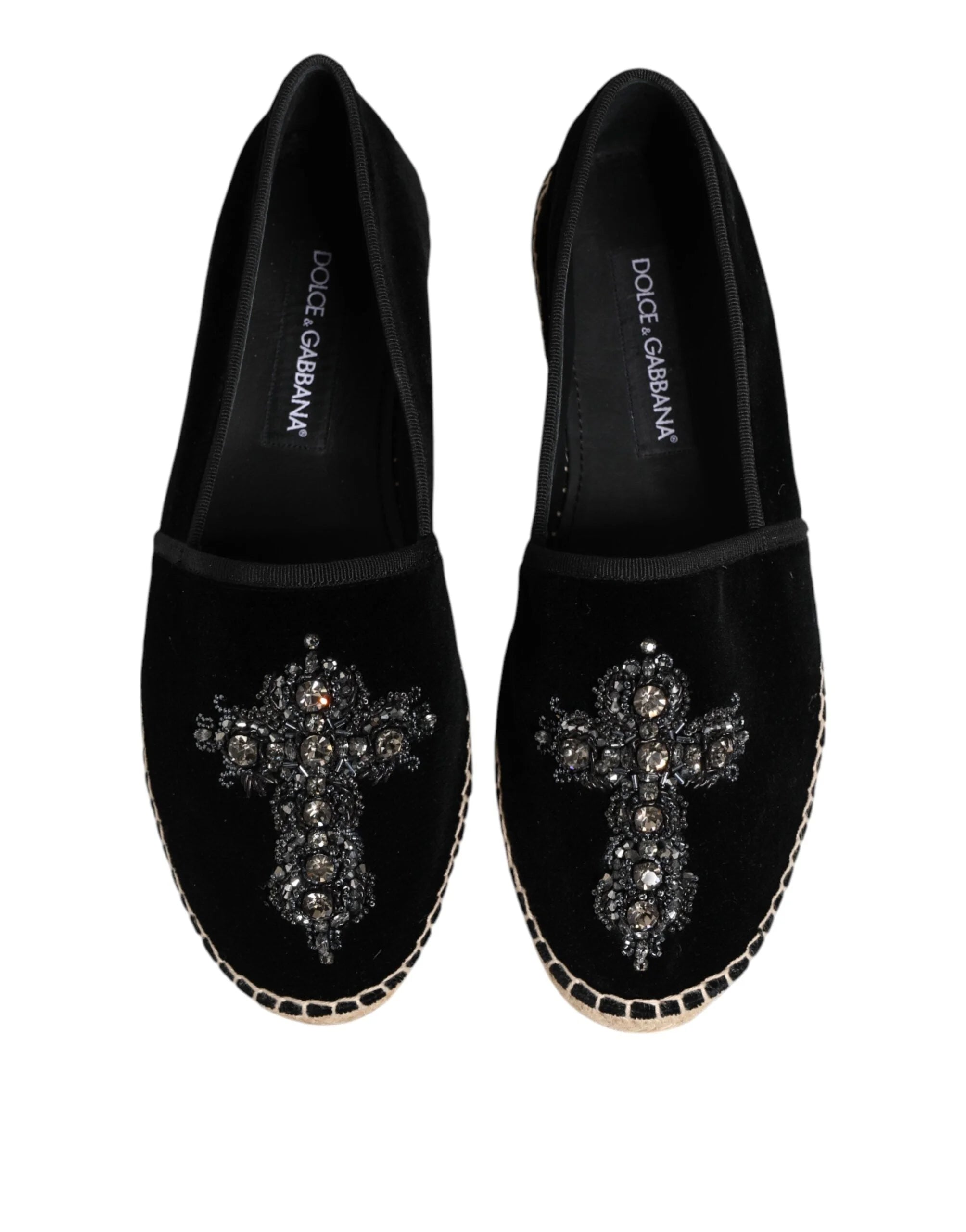 Dolce & Gabbana Black Cross Crystal Slip On Espadrille Shoes - EU39/US6 - Flats