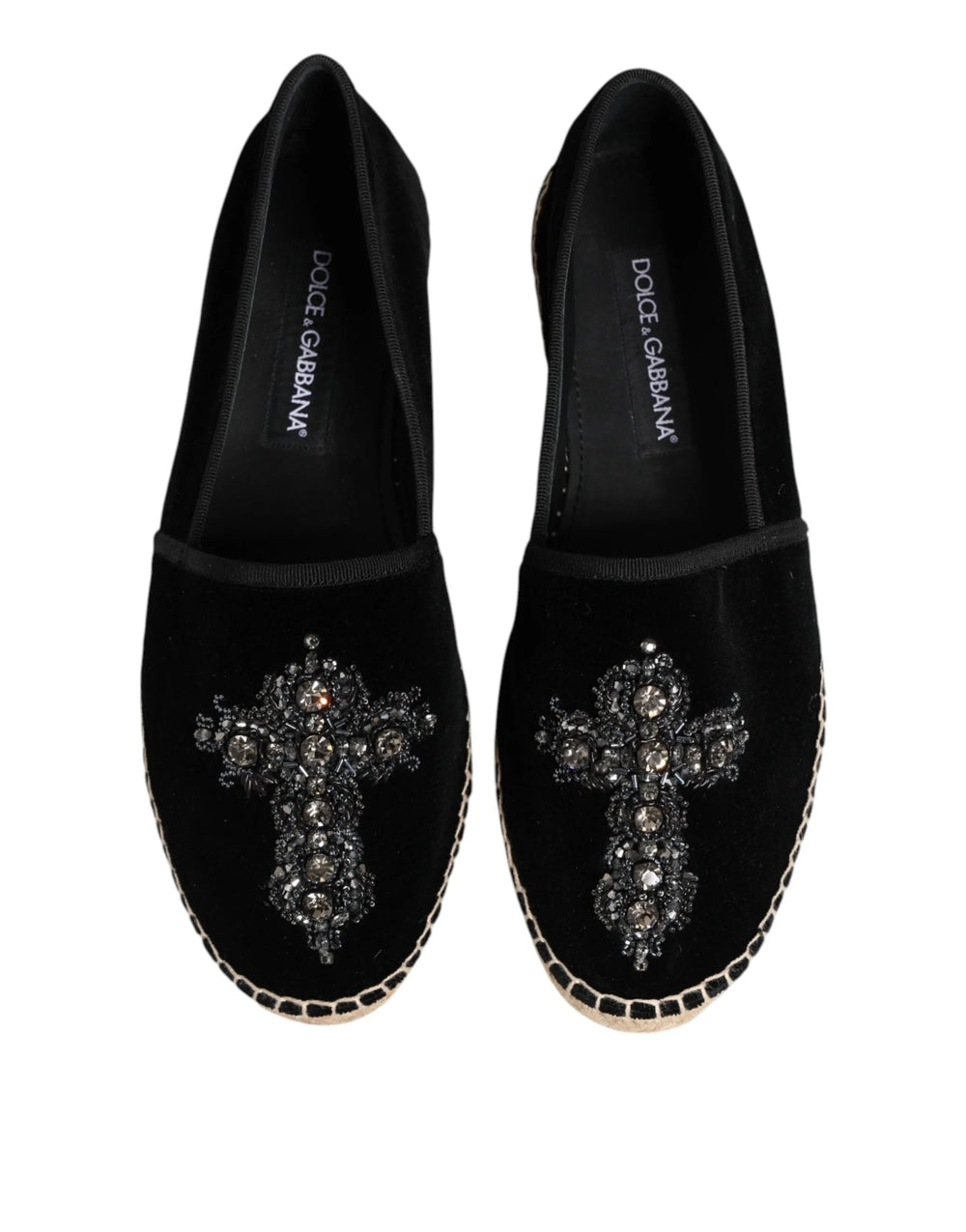 Dolce & Gabbana Black Cross Crystal Slip On Espadrille Shoes - EU39/US6 - Flats