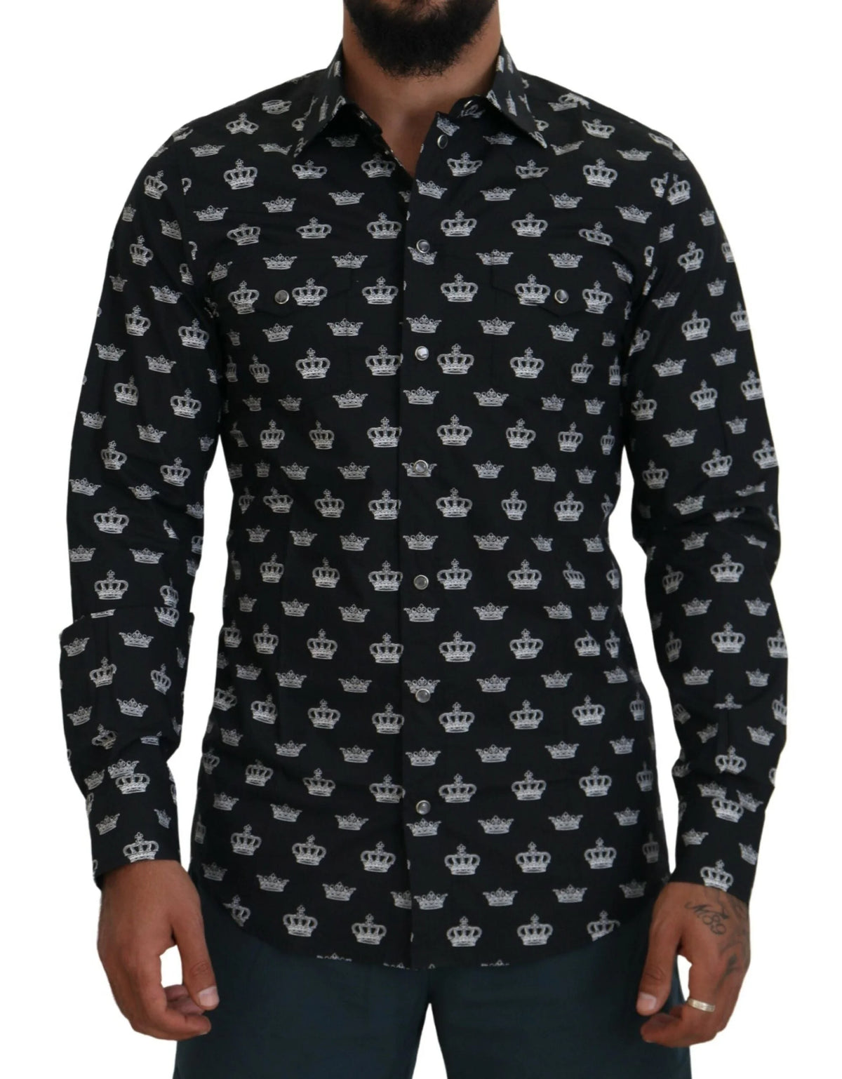 Dolce & Gabbana Black Crown Print GOLD Slim Shirt - IT39 | S - Shirts
