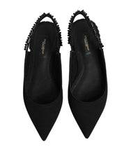 Dolce & Gabbana Black Crystal Charmeuse Slingback Shoes - EU37/US6.5 - Flats