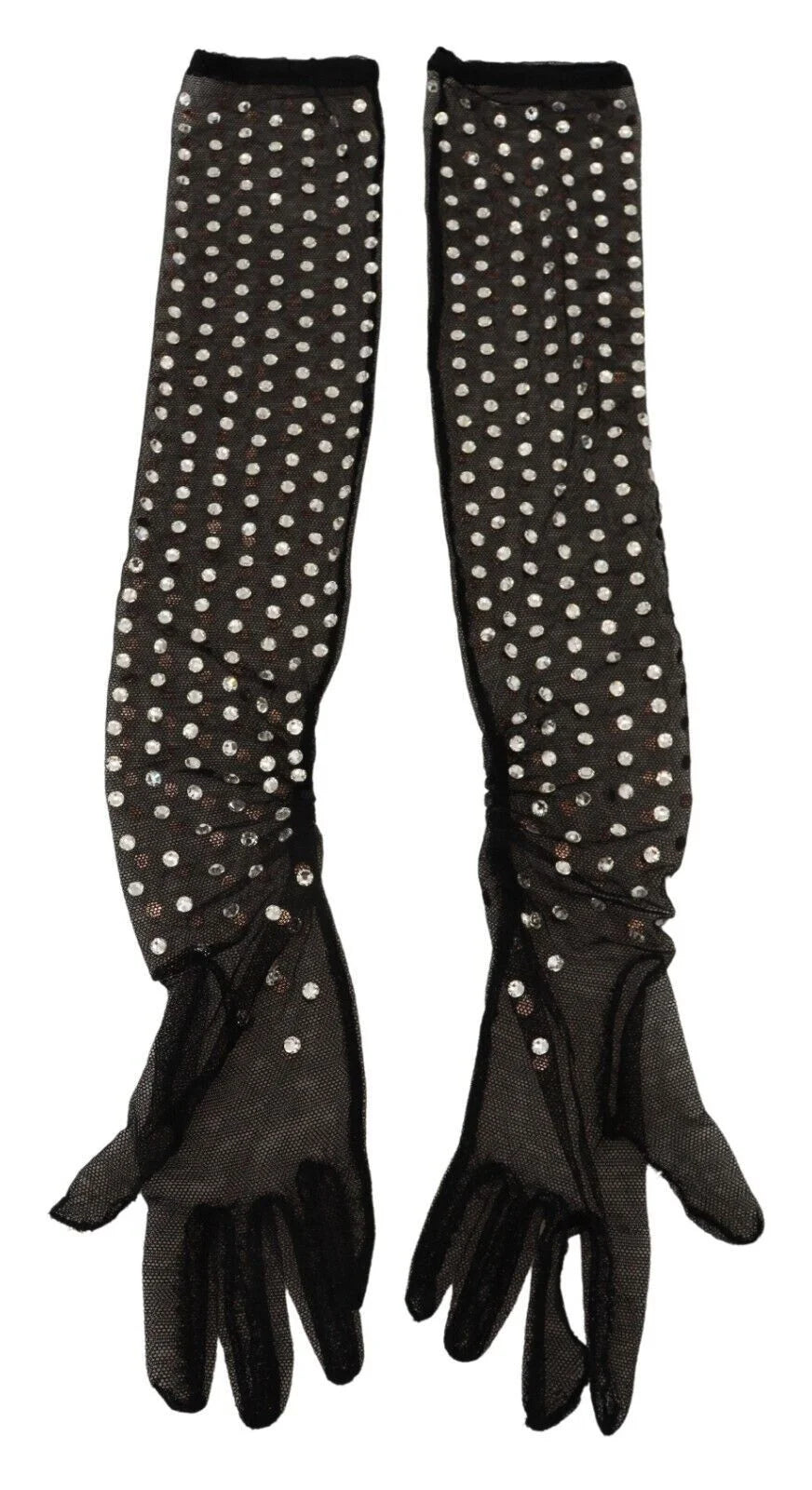 Dolce & Gabbana Black Crystal Elbow Length Cotton Tulle Gloves - 7.5|S - Gloves & Mittens