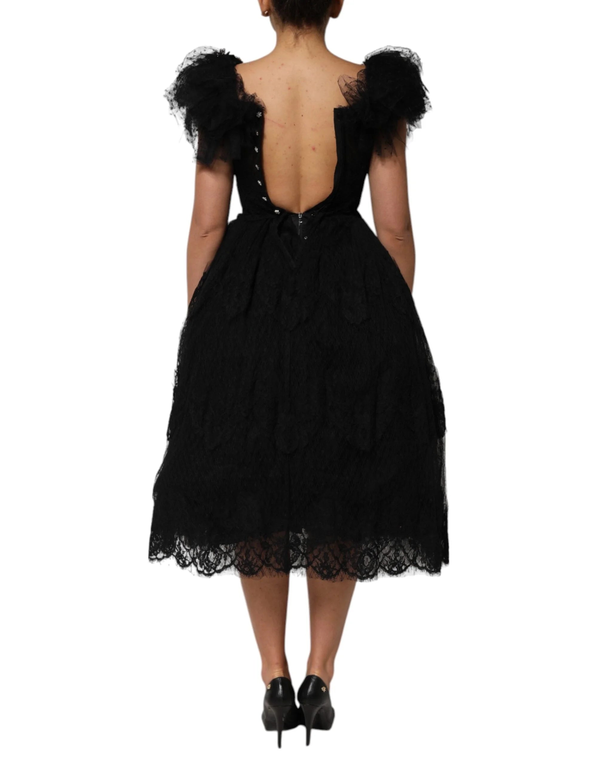 Dolce & Gabbana Black Crystal Embellished Midi A-line Dress - IT38 | XS