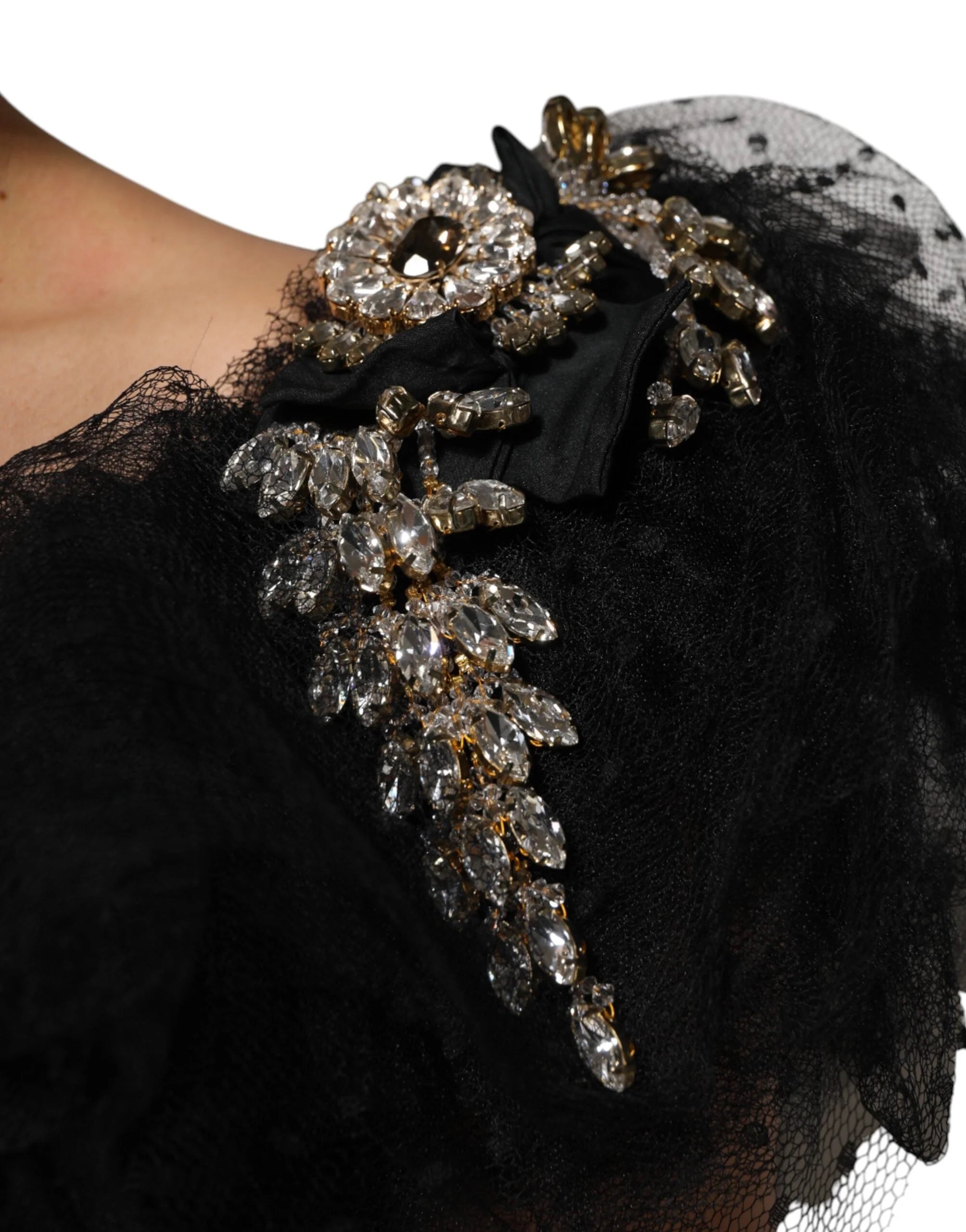 Dolce & Gabbana Black Crystal Embellished Midi A-line Dress - IT38 | XS