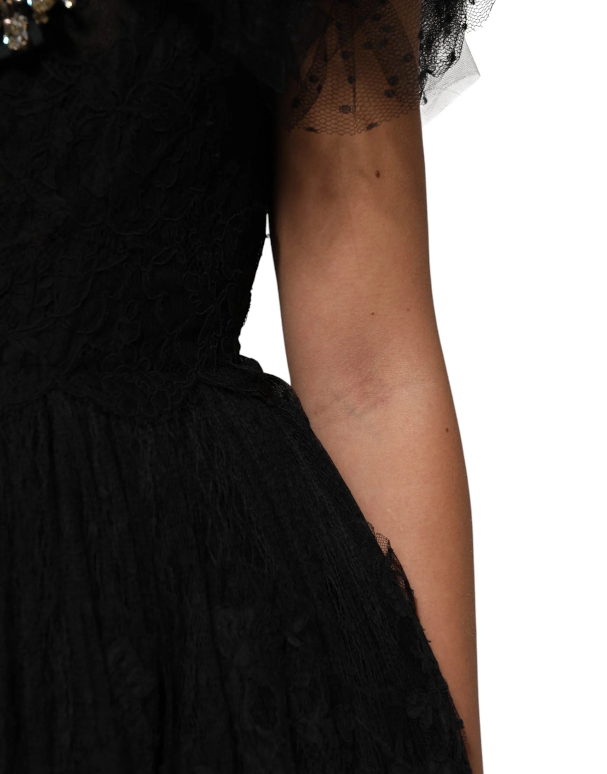 Dolce & Gabbana Black Crystal Embellished Midi A-line Dress - IT38 | XS