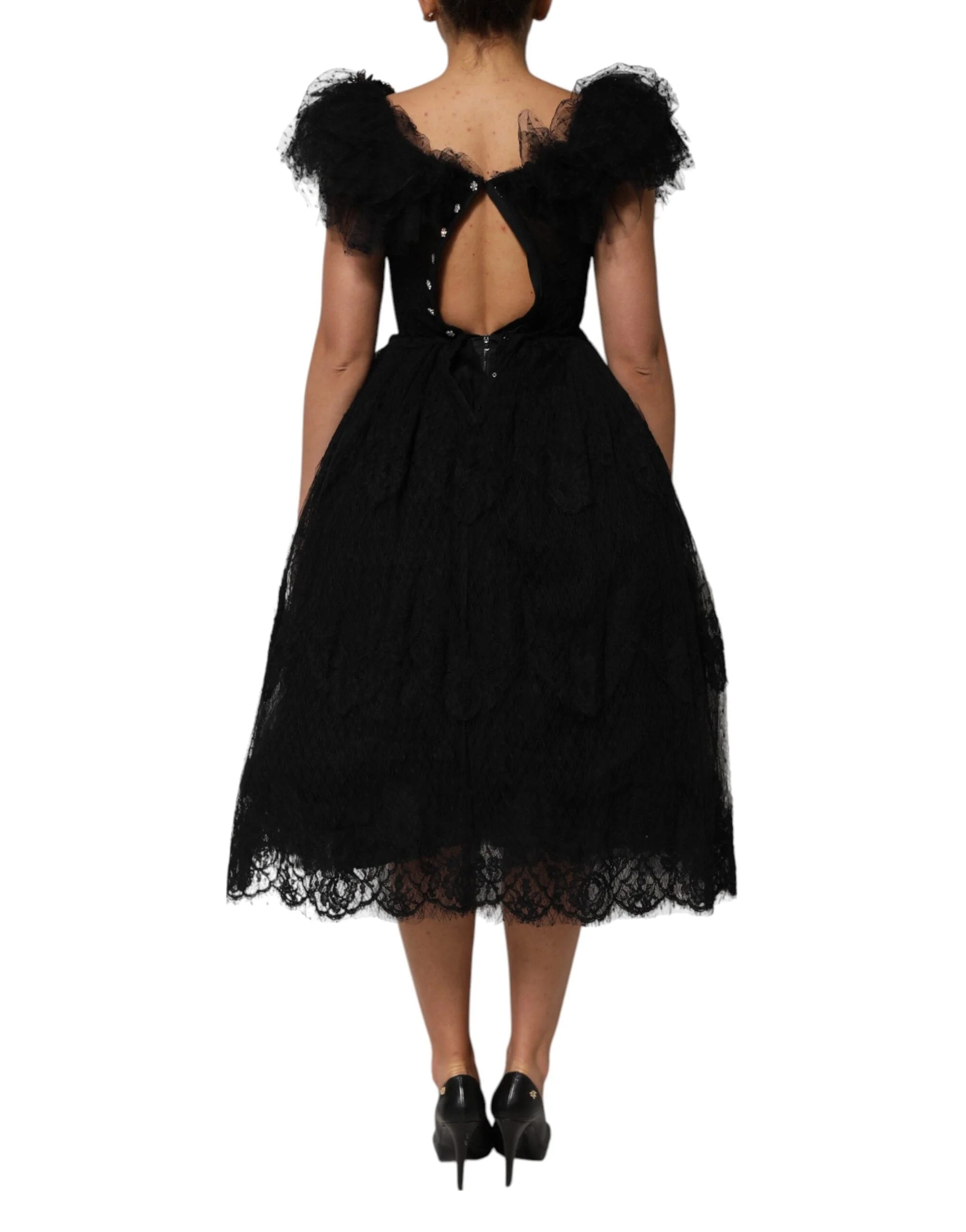 Dolce & Gabbana Black Crystal Embellished Midi A-line Dress - IT38 | XS