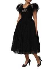 Dolce & Gabbana Black Crystal Embellished Midi A-line Dress - IT38 | XS