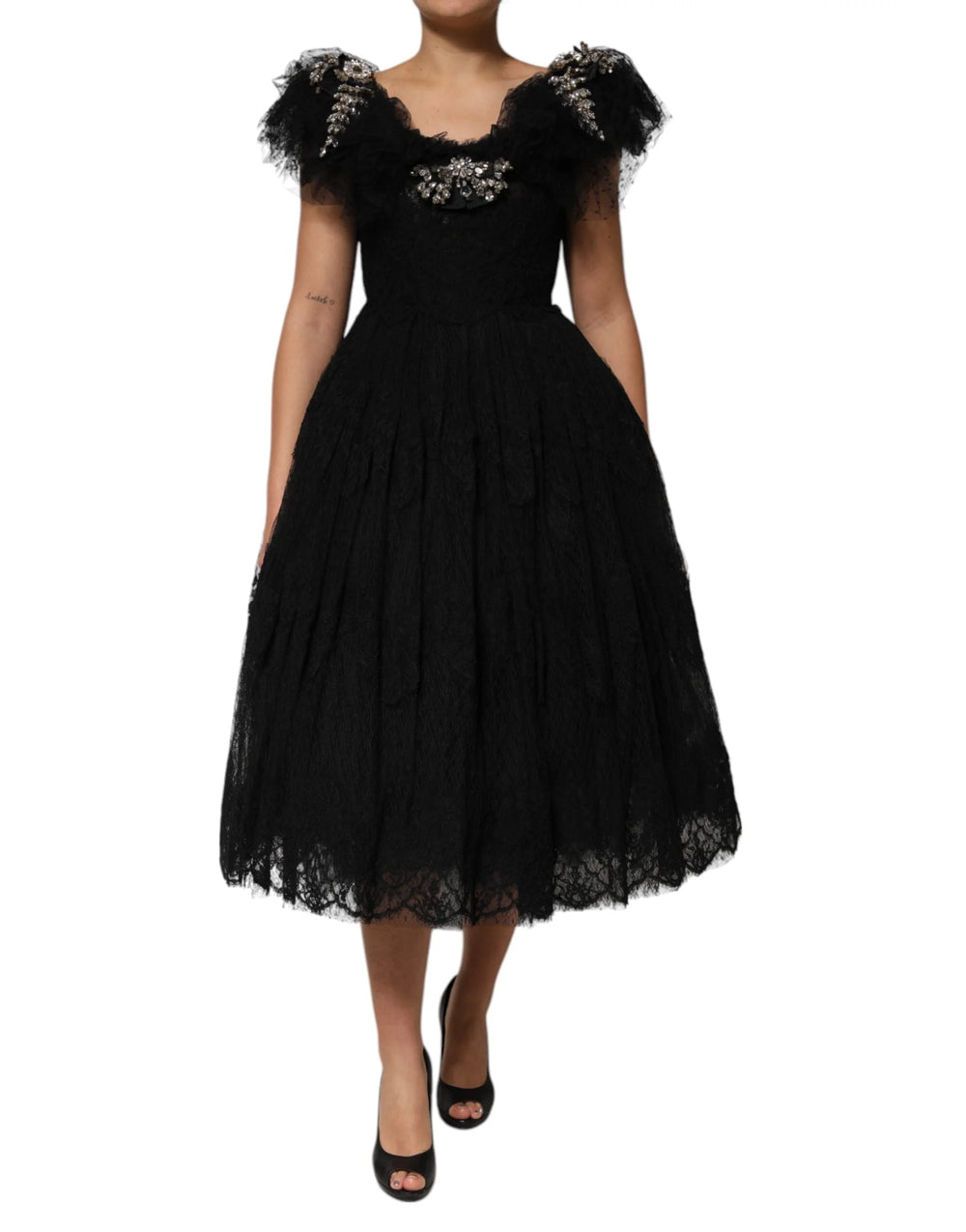 Dolce & Gabbana Black Crystal Embellished Midi A-line Dress - IT38 | XS - Dresses
