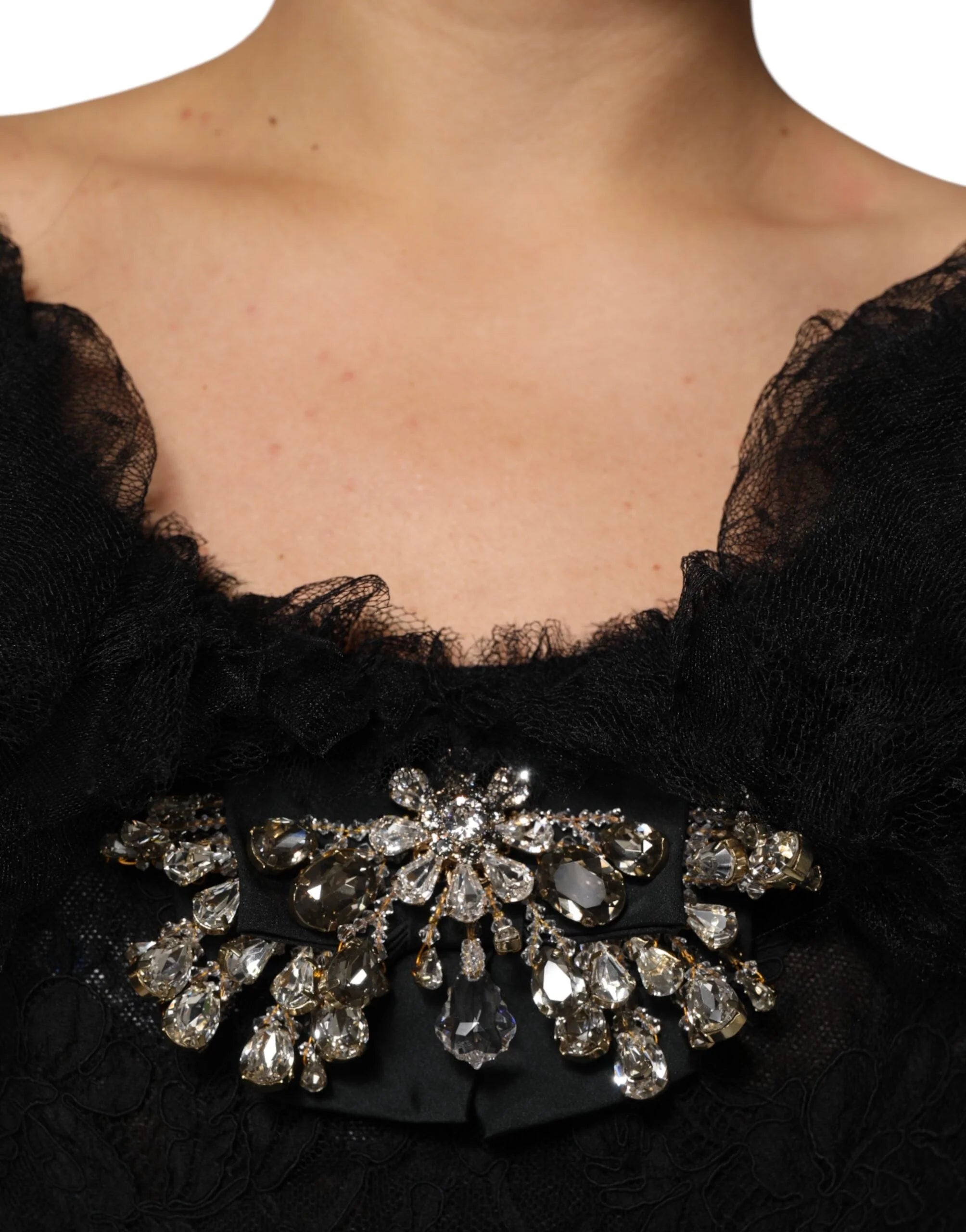 Dolce & Gabbana Black Crystal Embellished Midi A-line Dress - IT38 | XS