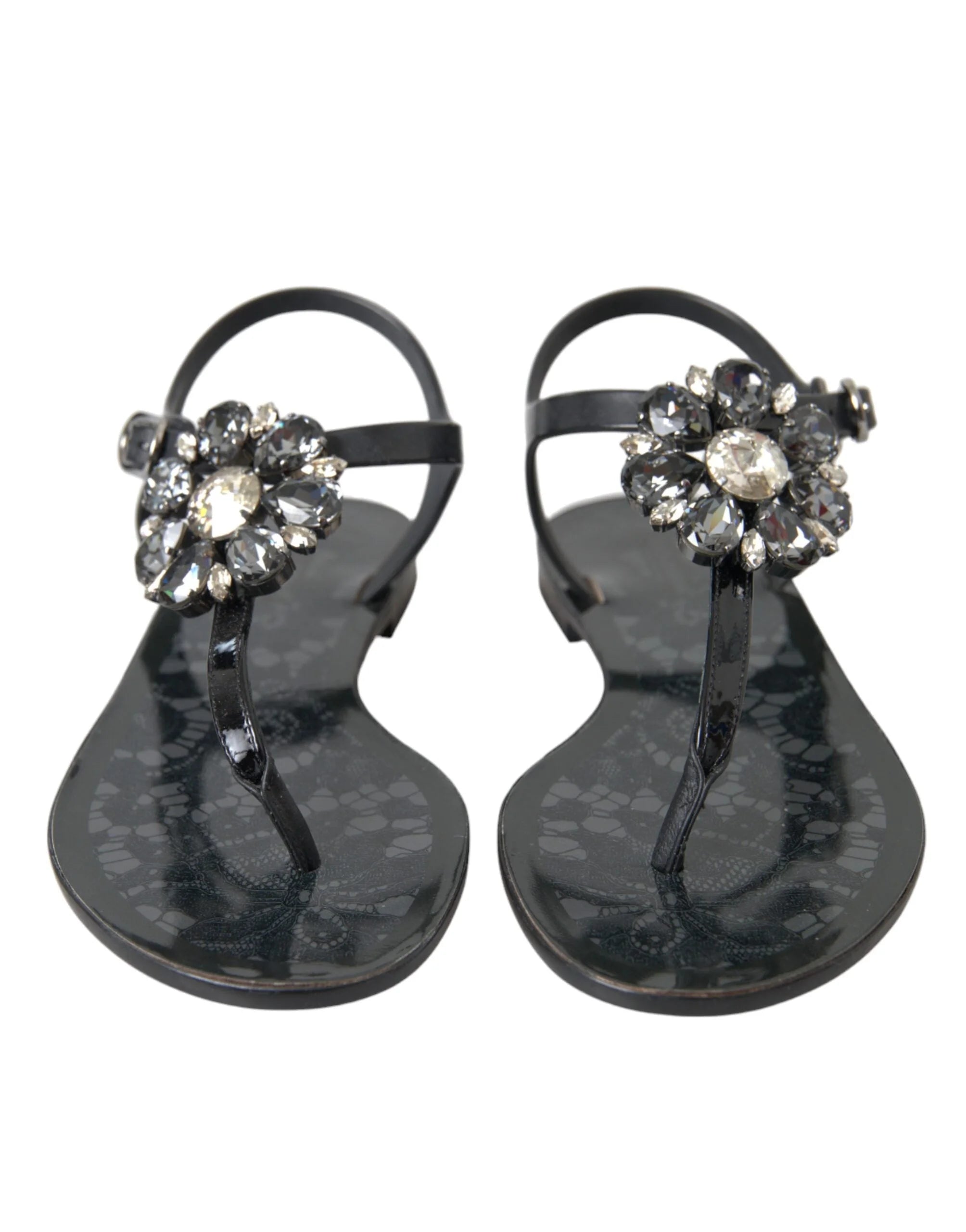 Dolce & Gabbana Black Crystal Flats Sandals Flip Flops Shoes - EU35/US4.5 - Sandals