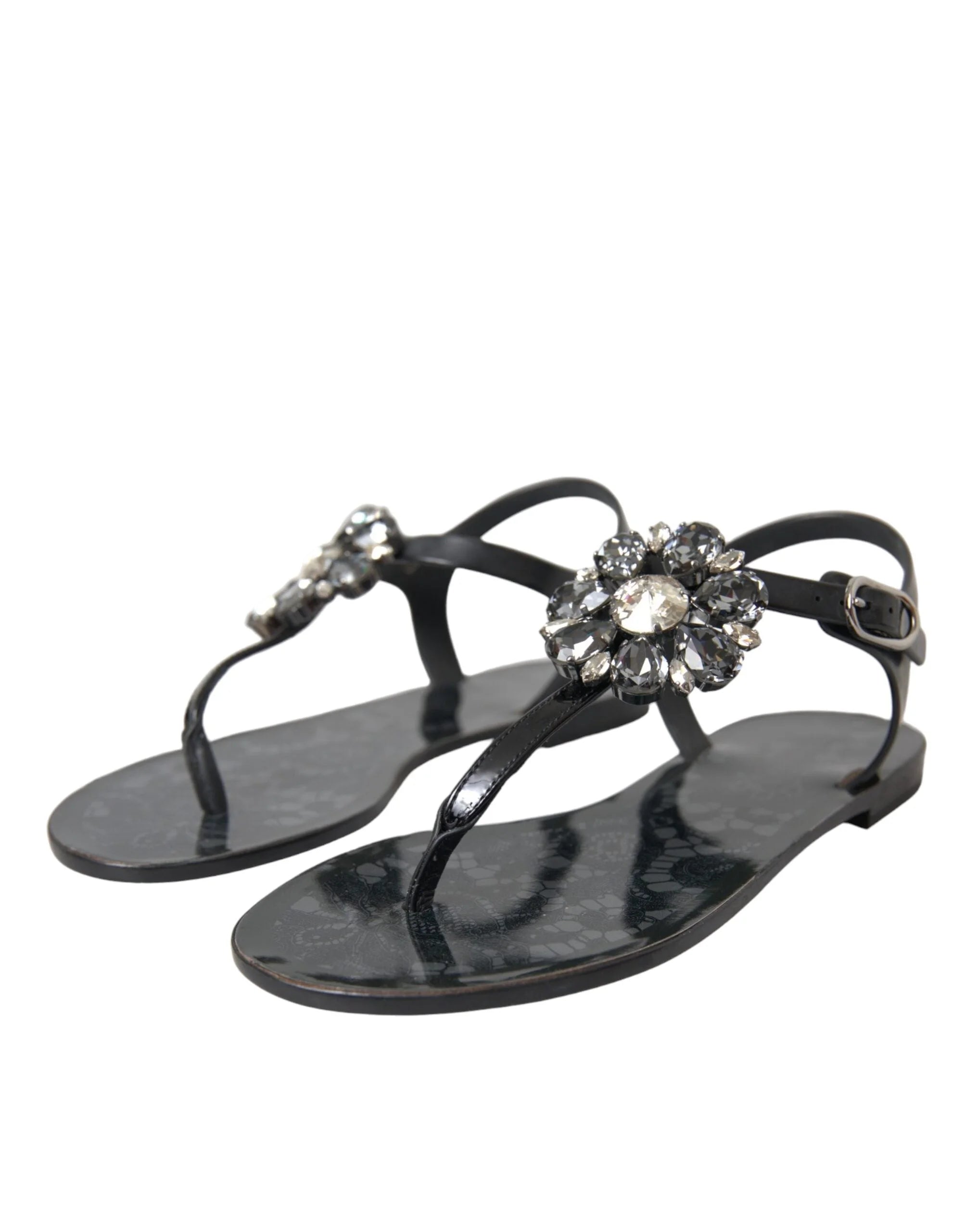 Dolce & Gabbana Black Crystal Flats Sandals Flip Flops Shoes - EU35/US4.5 - Sandals