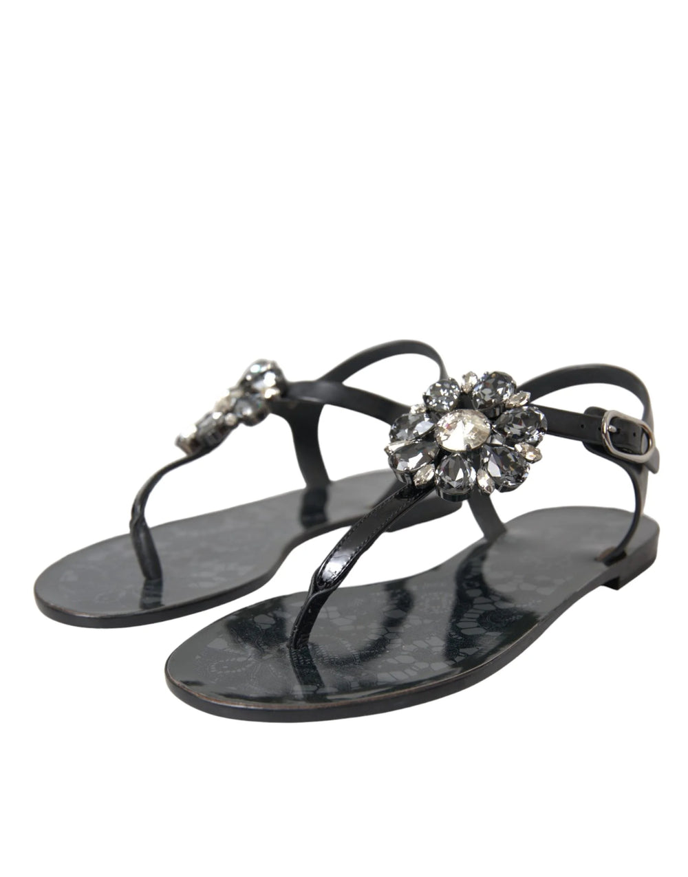Dolce & Gabbana Black Crystal Flats Sandals Flip Flops Shoes - EU35/US4.5 - Sandals