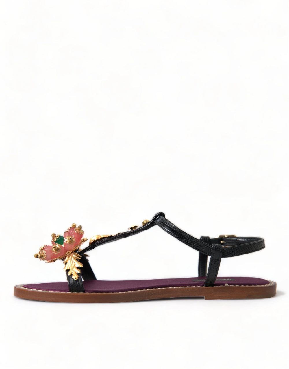 Dolce & Gabbana Black Crystal Gold Sandals Leather Shoes - Sandals