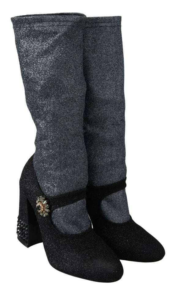 Dolce & Gabbana Black Crystal Mary Janes Booties Shoes - Boots