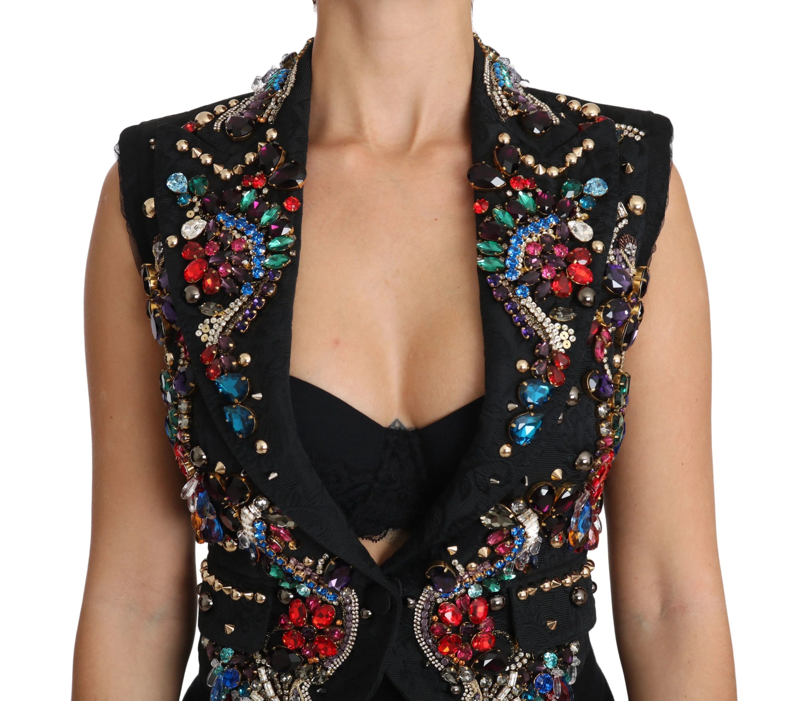 Dolce & Gabbana Black Crystal Sicily Vest Waistcoat - IT36 | XS - Vests