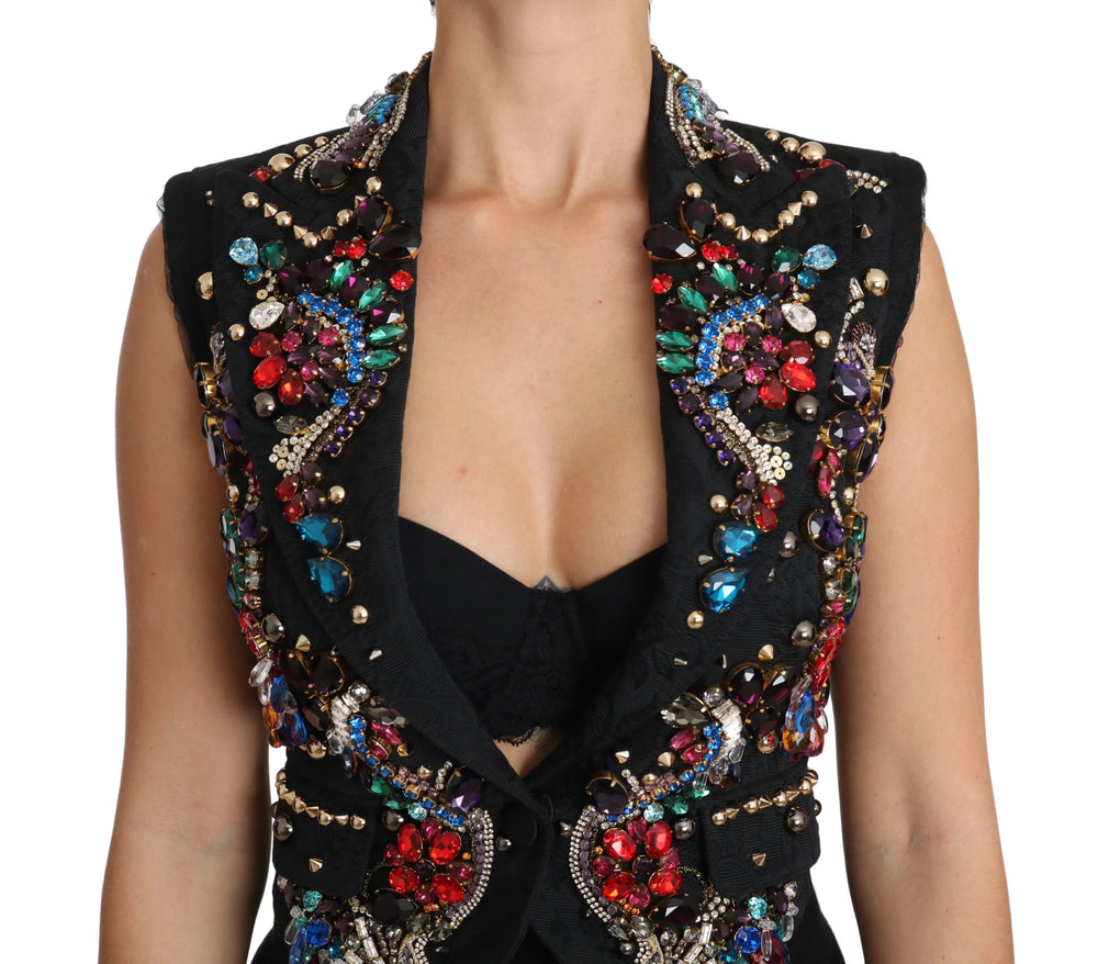 Dolce & Gabbana Black Crystal Sicily Vest Waistcoat - IT36 | XS - Vests