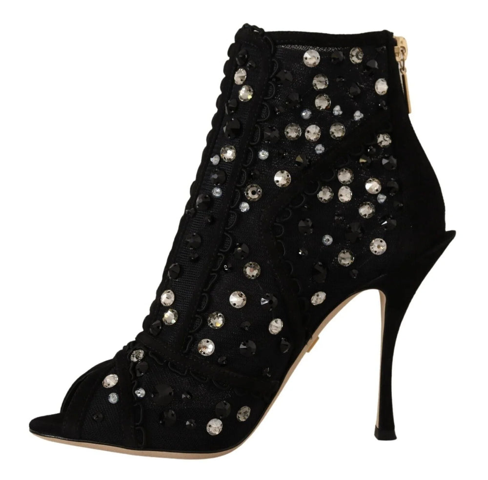 Dolce & Gabbana Black Crystals Heels Zipper Short Boots Shoes - Boots