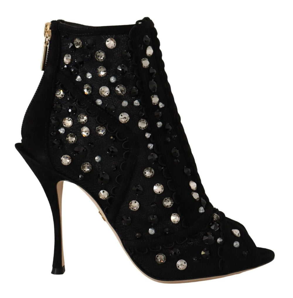 Dolce & Gabbana Black Crystals Heels Zipper Short Boots Shoes - Boots