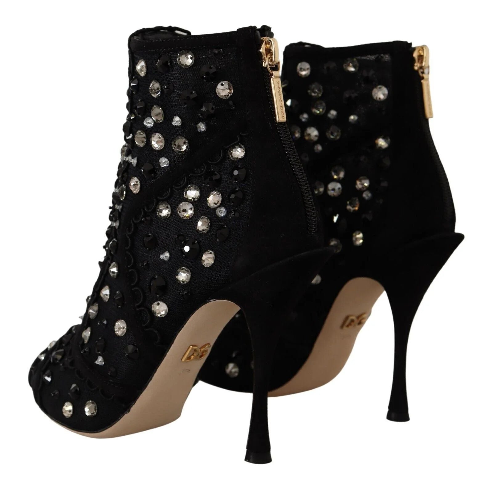 Dolce & Gabbana Black Crystals Heels Zipper Short Boots Shoes - Boots