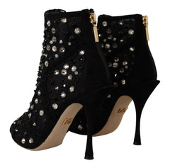 Dolce & Gabbana Black Crystals Heels Zipper Short Boots Shoes - Boots
