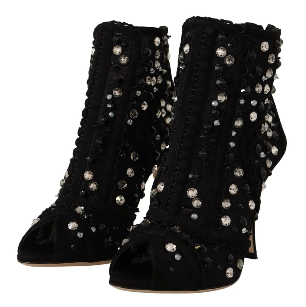 Dolce & Gabbana Black Crystals Heels Zipper Short Boots Shoes - Boots
