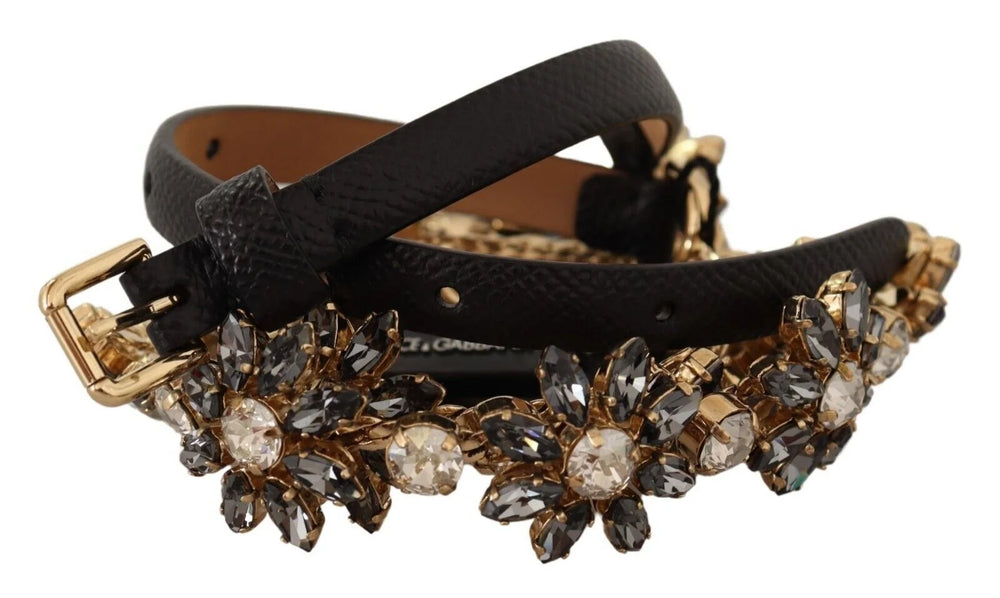 Dolce & Gabbana Black Daisy Crystal Dauphine Texture Belt - 85 cm / 34 Inches - Belts
