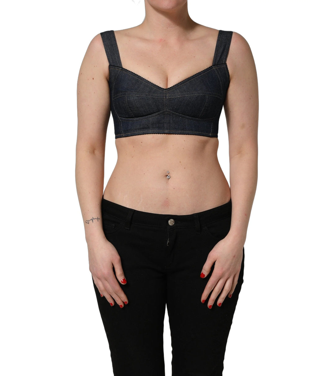 Dolce & Gabbana Black Denim Corset Bralette Cotton Cropped Top - IT40|S