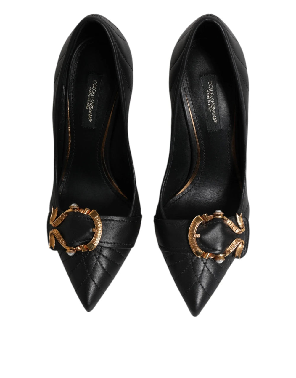 Sideprofil af Dolce & Gabbana Devotion high heel sko i glat sort læder med en slank stilet hæl.