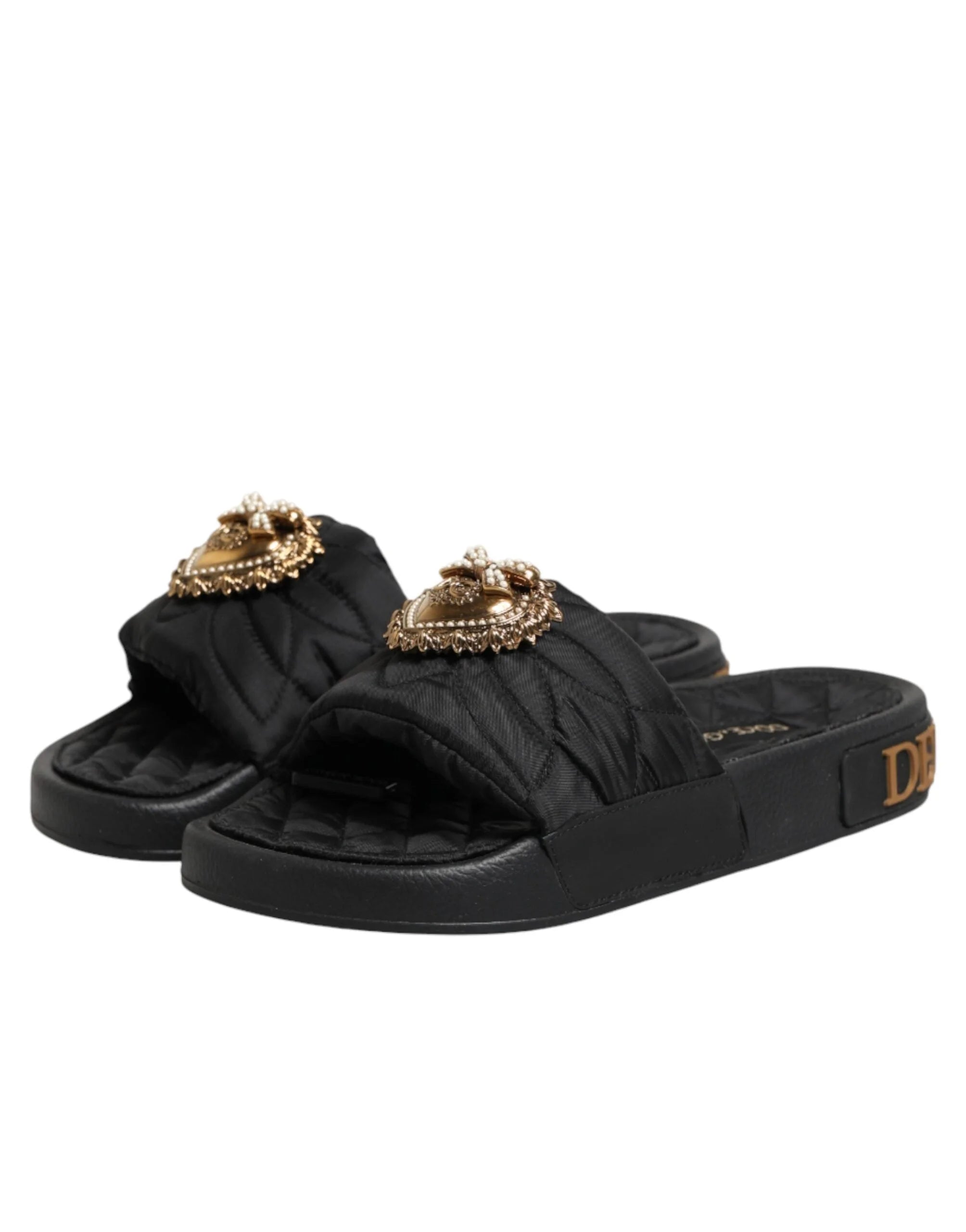 Dolce & Gabbana Black Devotion Matelassé Leather Slides Shoes - EU35/US4.5