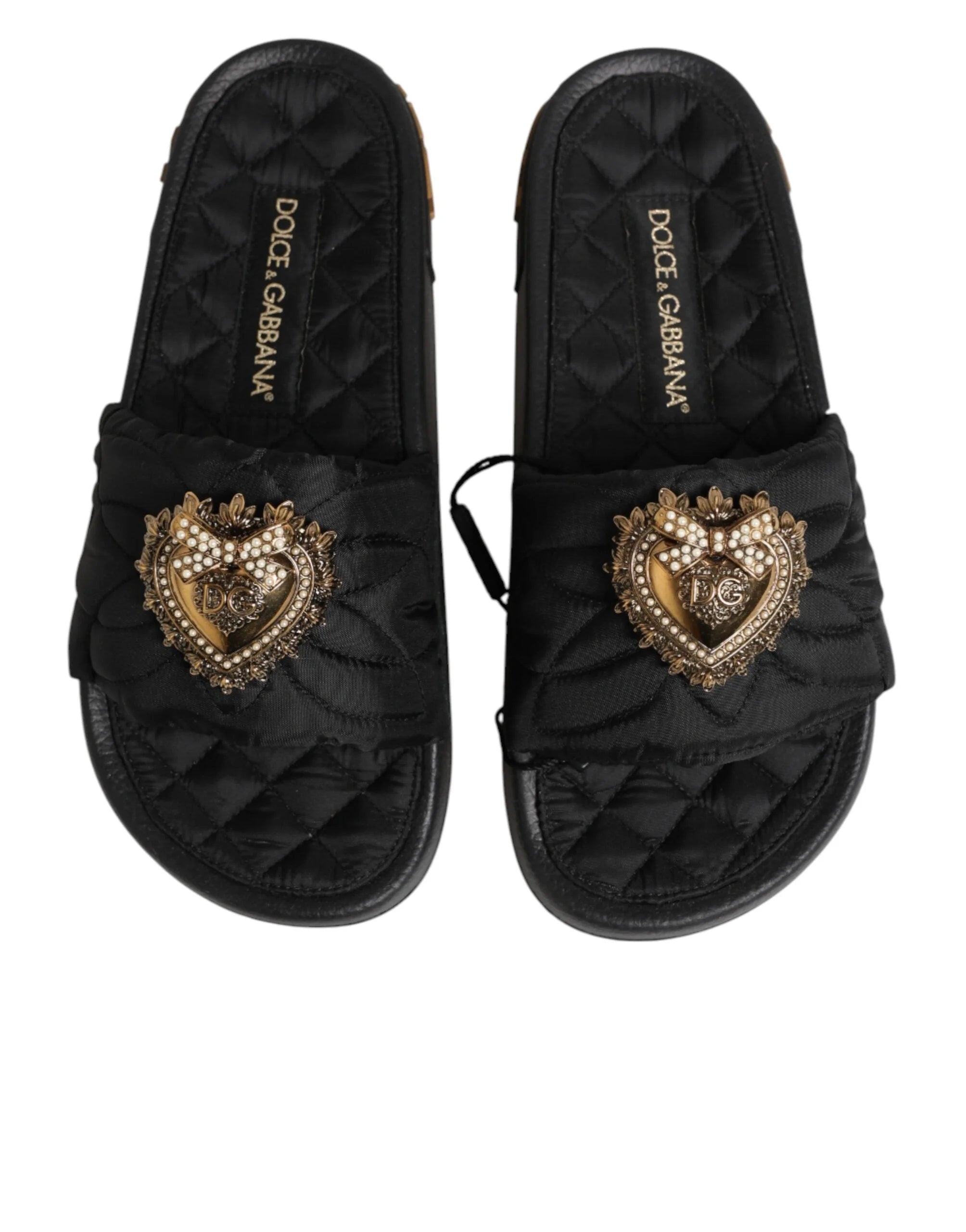 Dolce & Gabbana Black Devotion Matelassé Leather Slides Shoes - EU35/US4.5