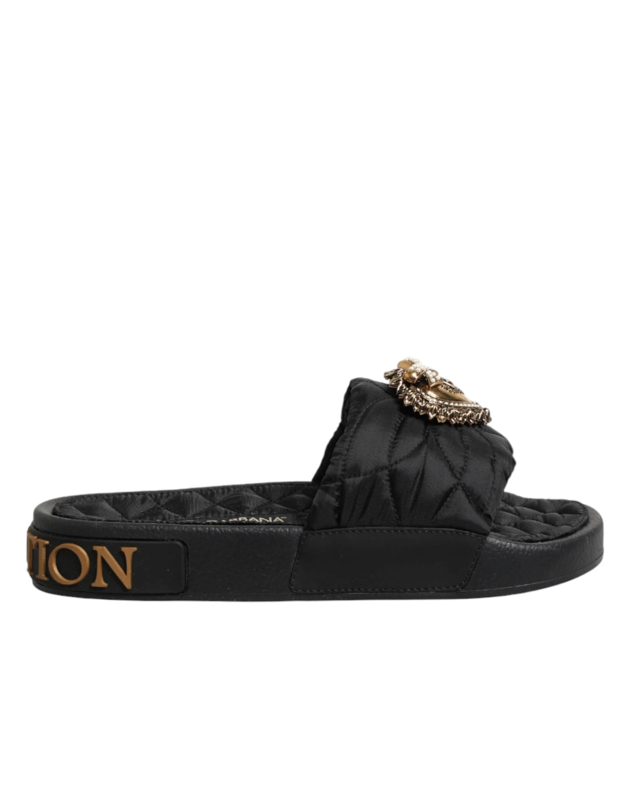 Dolce & Gabbana Black Devotion Matelassé Leather Slides Shoes - EU35/US4.5