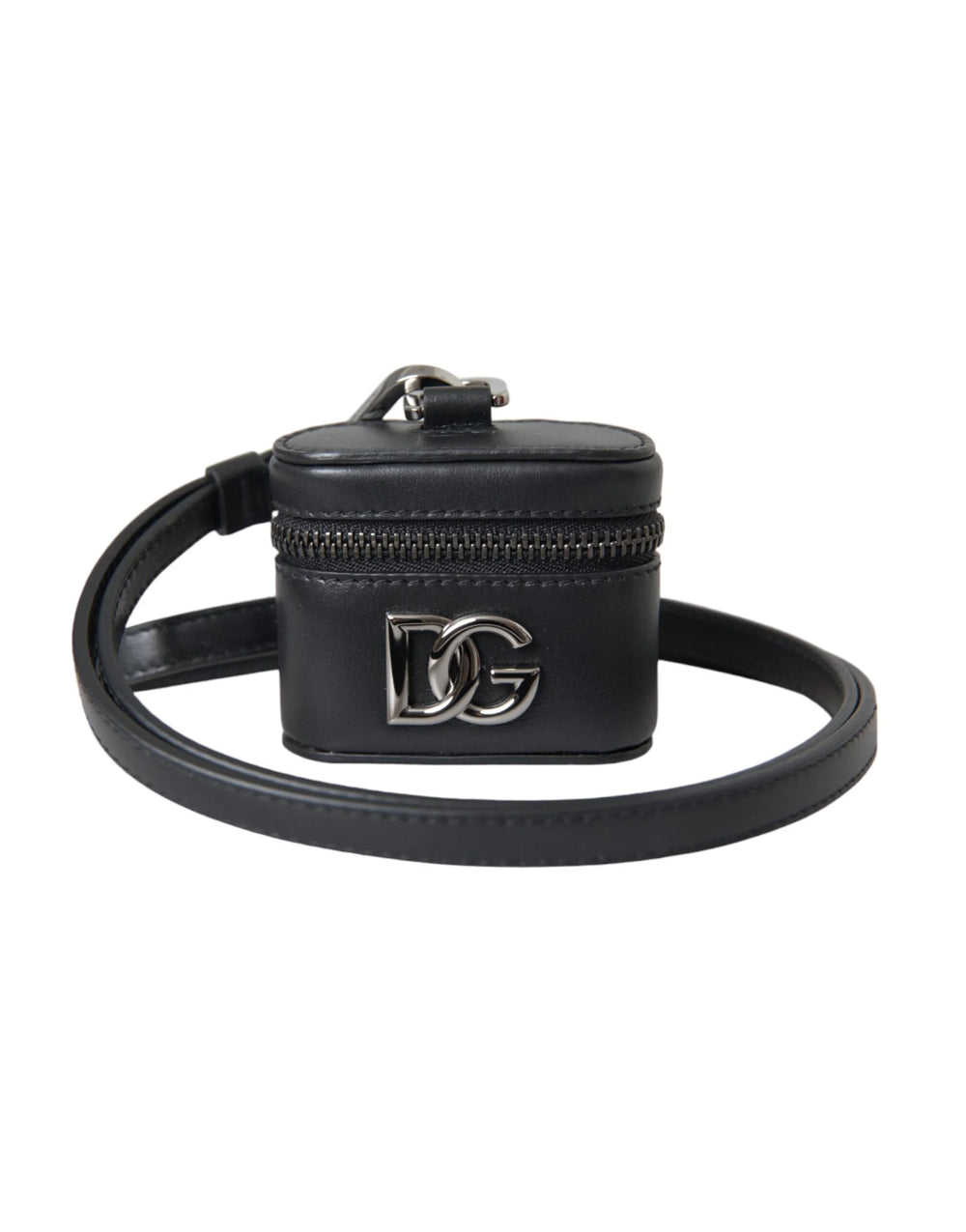 Dolce & Gabbana Black DG Logo Leather Silver Metal Airpods Case - Headphone Carrying Cases