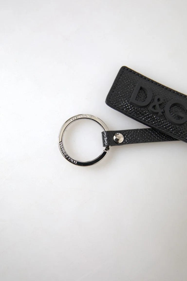 Dolce & Gabbana Black DG Logo Leather Silver Metal Keychain - Keychains